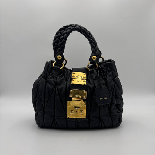 Miu Miu Black Matelasse Leather Braided Handle Handbag GHW