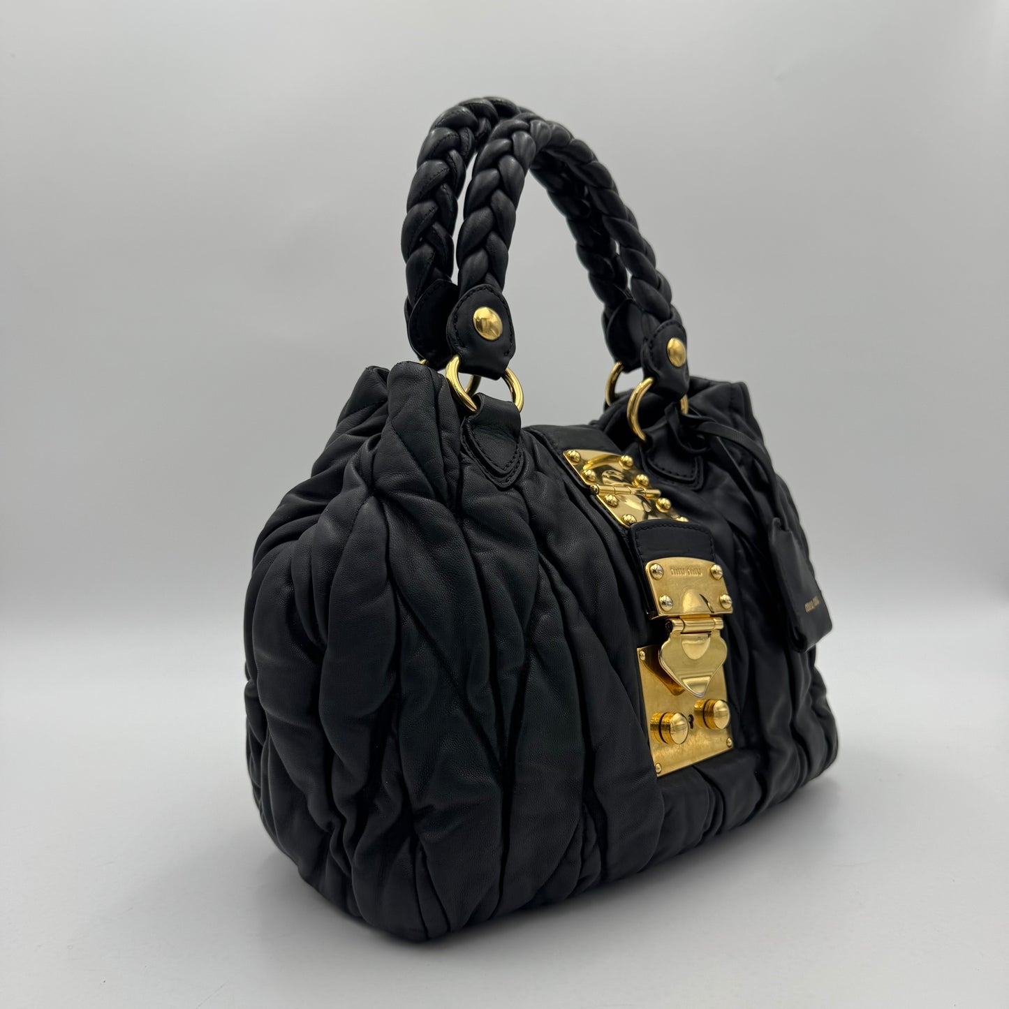 Miu Miu Black Matelasse Leather Braided Handle Handbag GHW