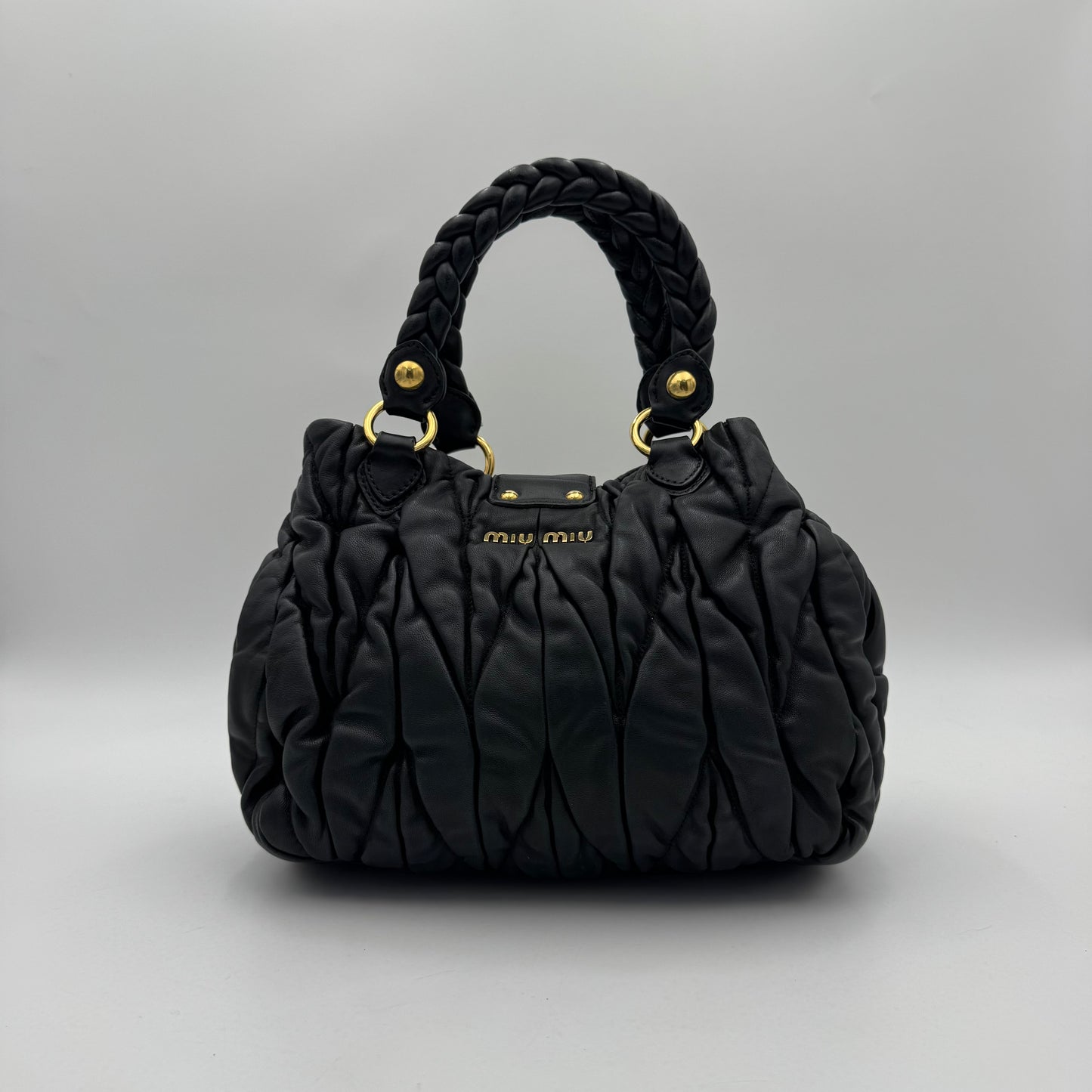 Miu Miu Black Matelasse Leather Braided Handle Handbag GHW