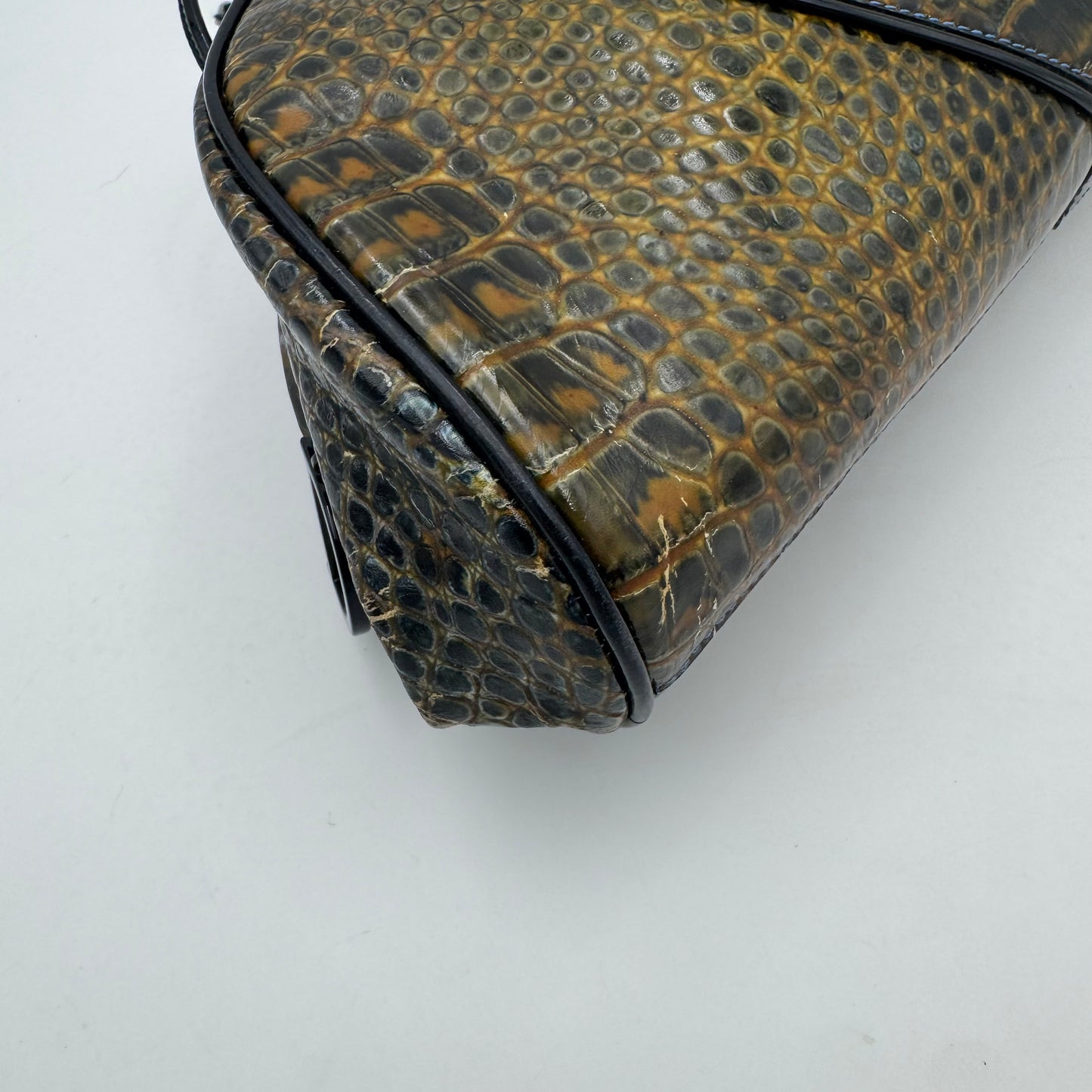 Christian Dior by John Galliano Olive Croc Embossed Patent Leather Half Moon Long Strap Shoulder Bag