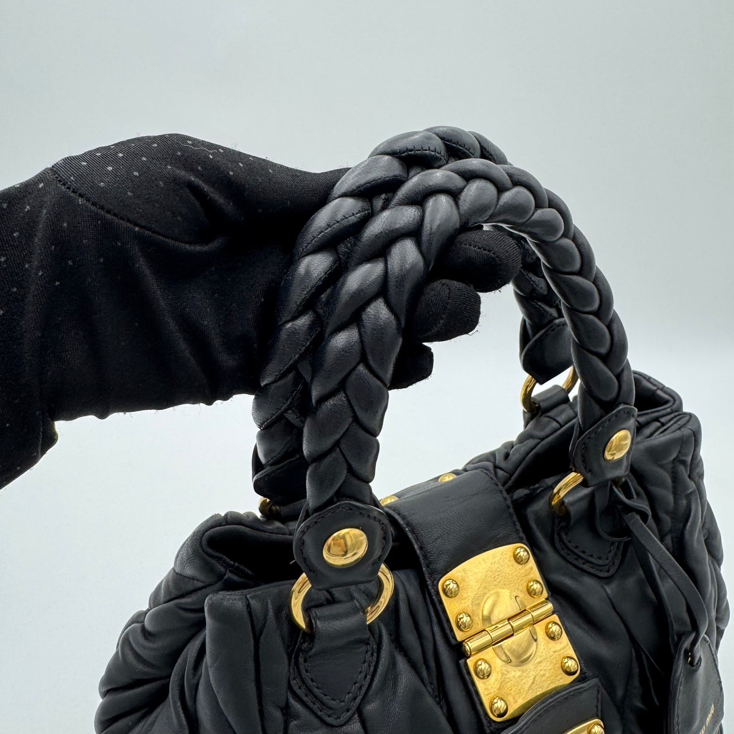 Miu Miu Black Matelasse Leather Braided Handle Handbag GHW