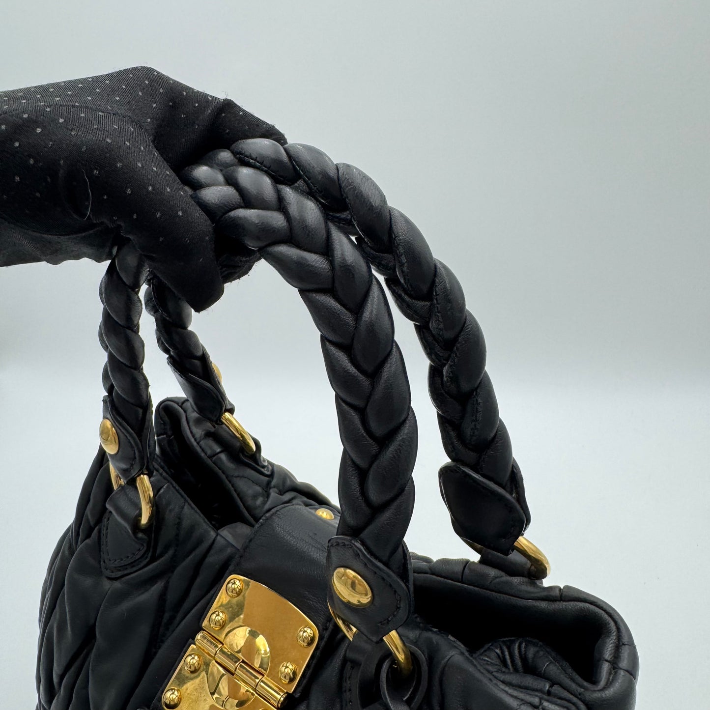 Miu Miu Black Matelasse Leather Braided Handle Handbag GHW
