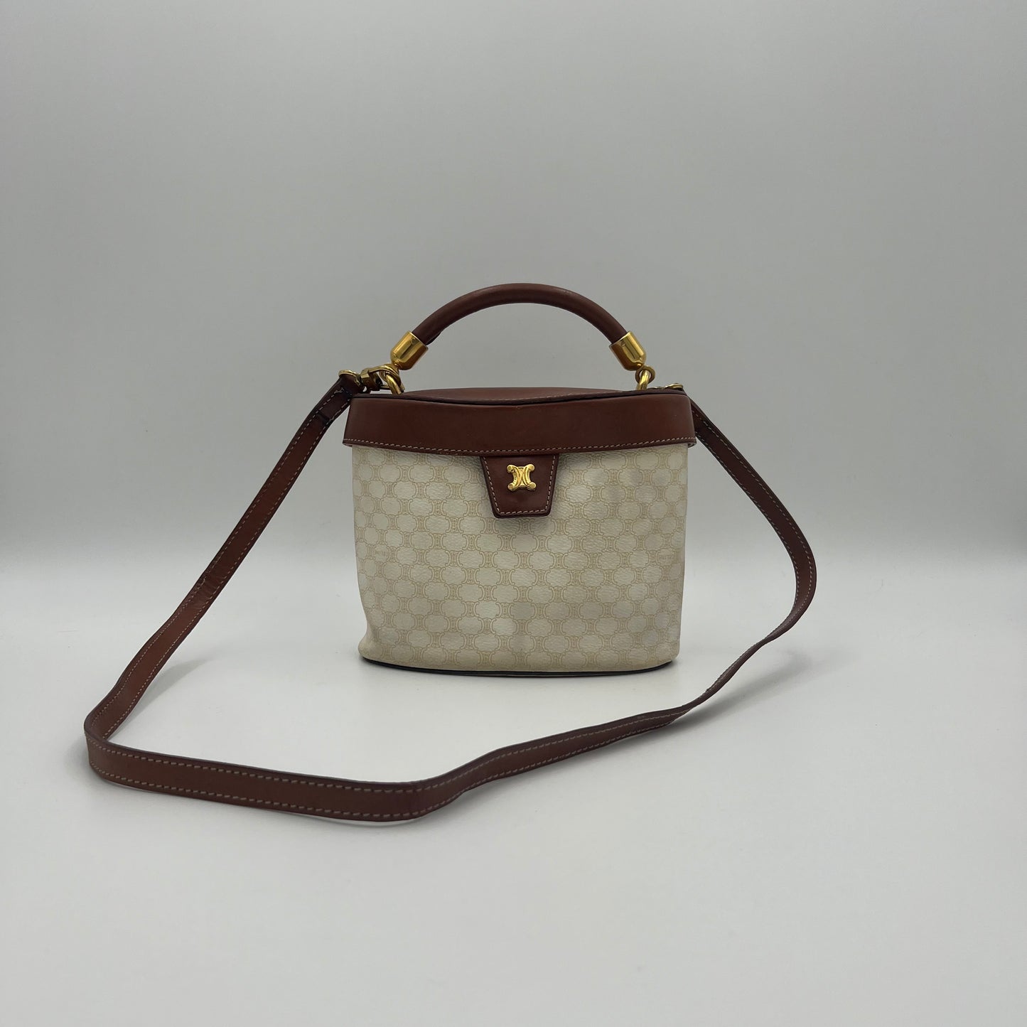 Celine Paris White Macadam Brown Leather Blason Triomphe Two-Way Vanity