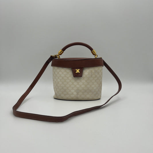 Celine Paris White Macadam Brown Leather Blason Triomphe Two-Way Vanity