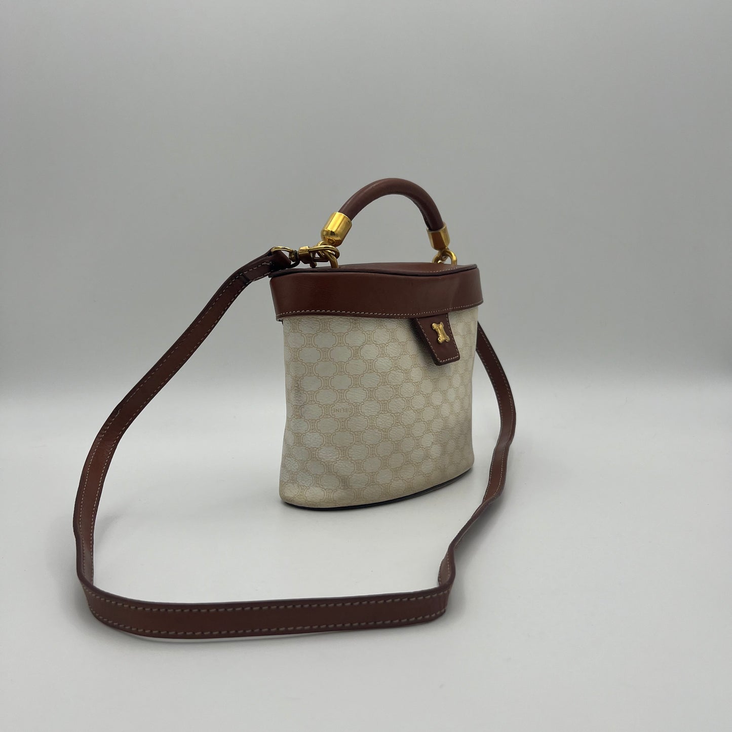 Celine Paris White Macadam Brown Leather Blason Triomphe Two-Way Vanity