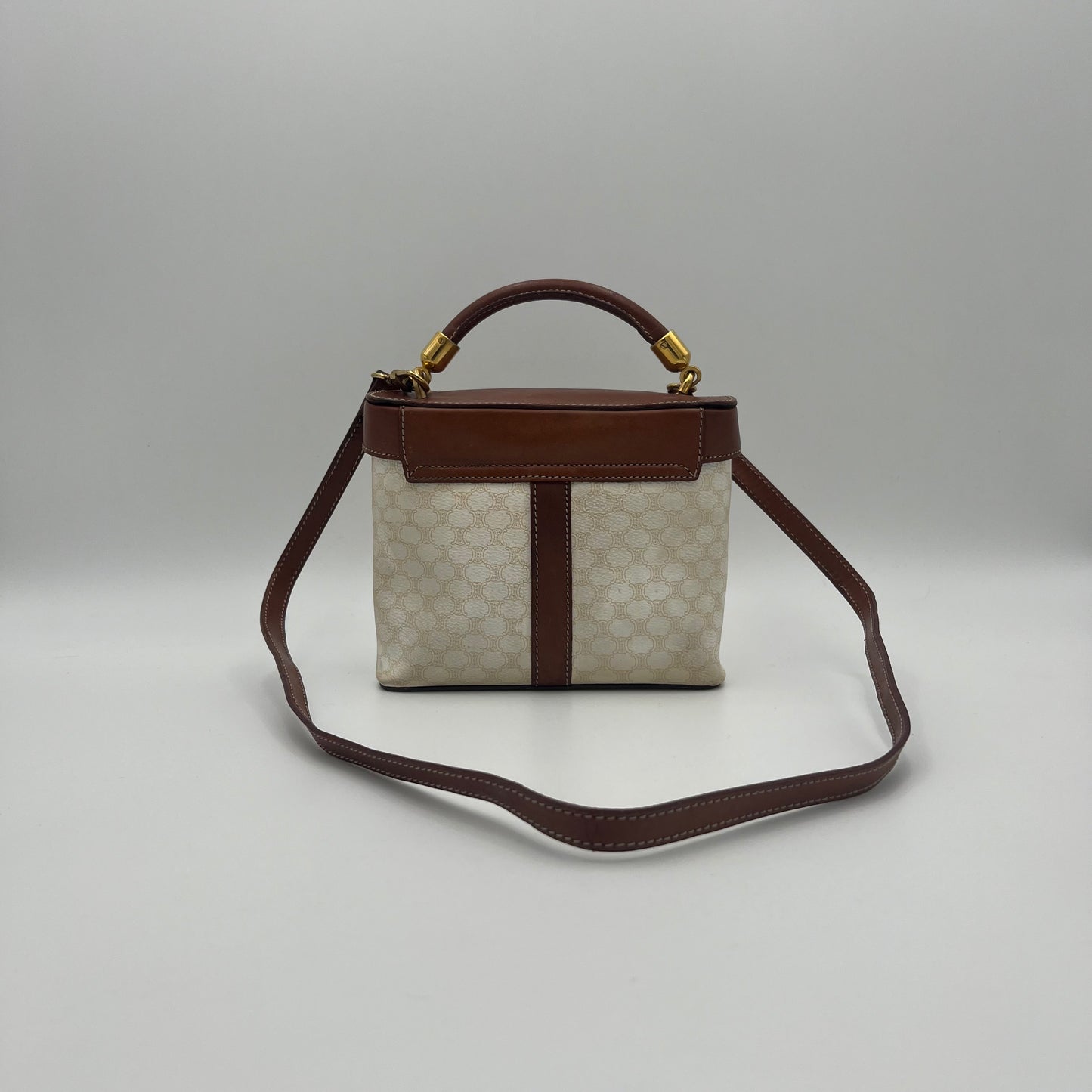 Celine Paris White Macadam Brown Leather Blason Triomphe Two-Way Vanity