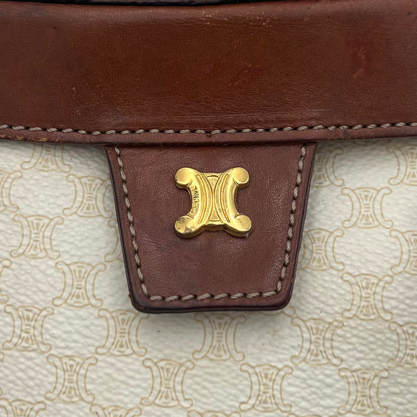 Celine Paris White Macadam Brown Leather Blason Triomphe Two-Way Vanity