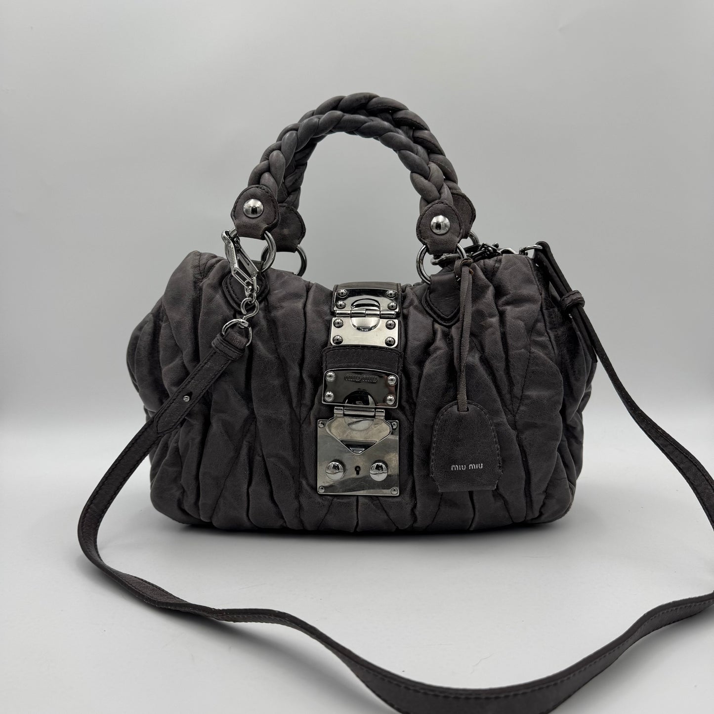Miu Miu Gray Matelasse Leather Braided Handle Handbag