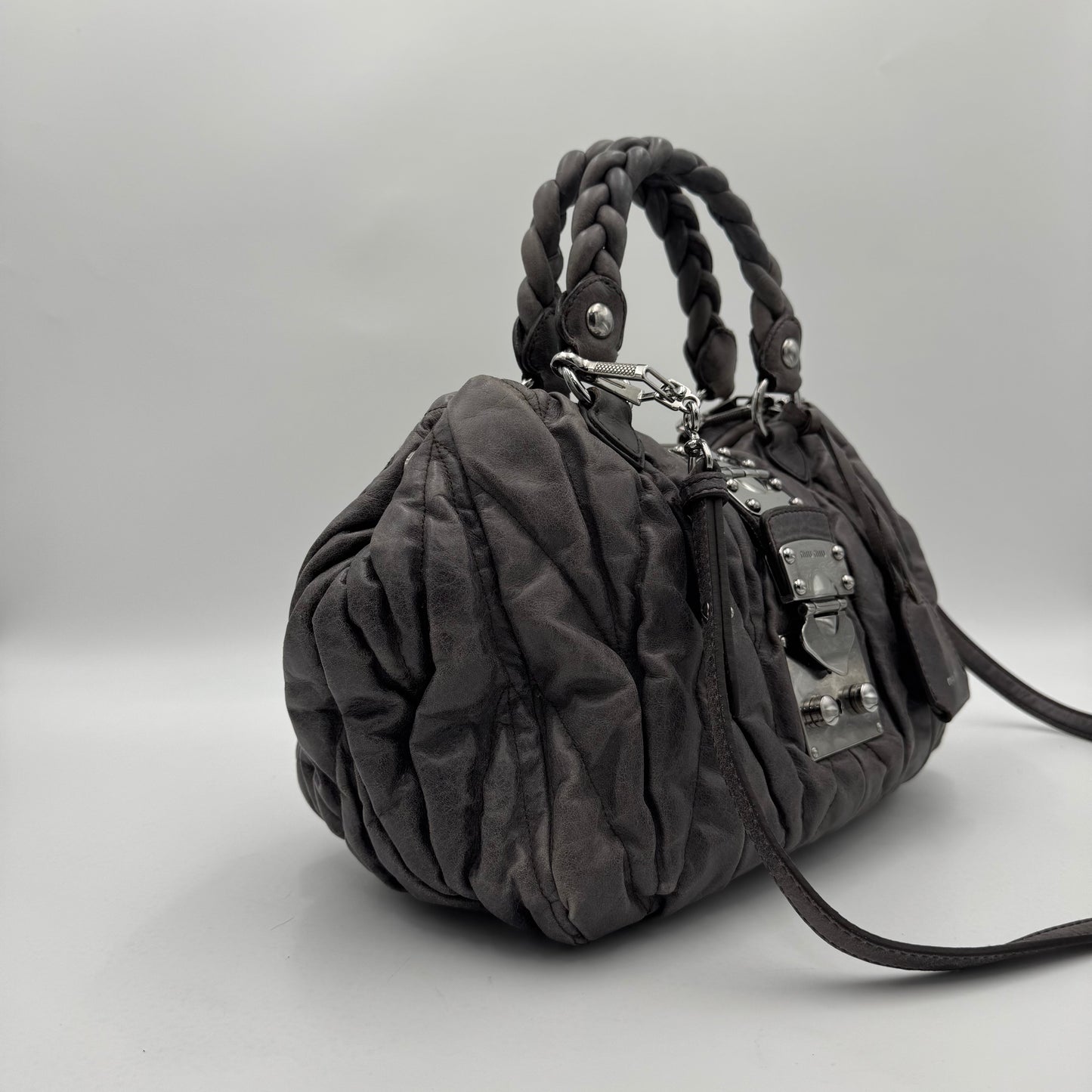 Miu Miu Gray Matelasse Leather Braided Handle Handbag