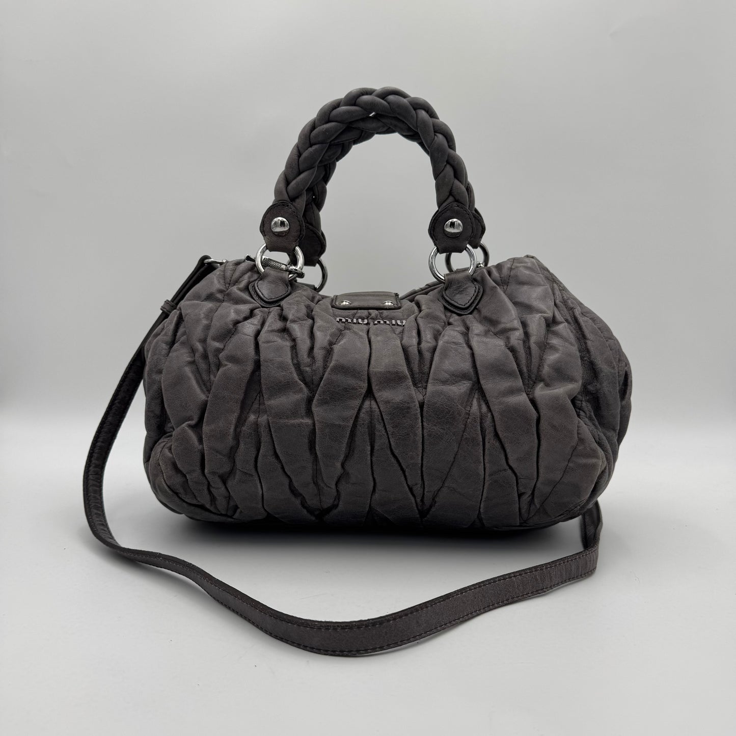 Miu Miu Gray Matelasse Leather Braided Handle Handbag