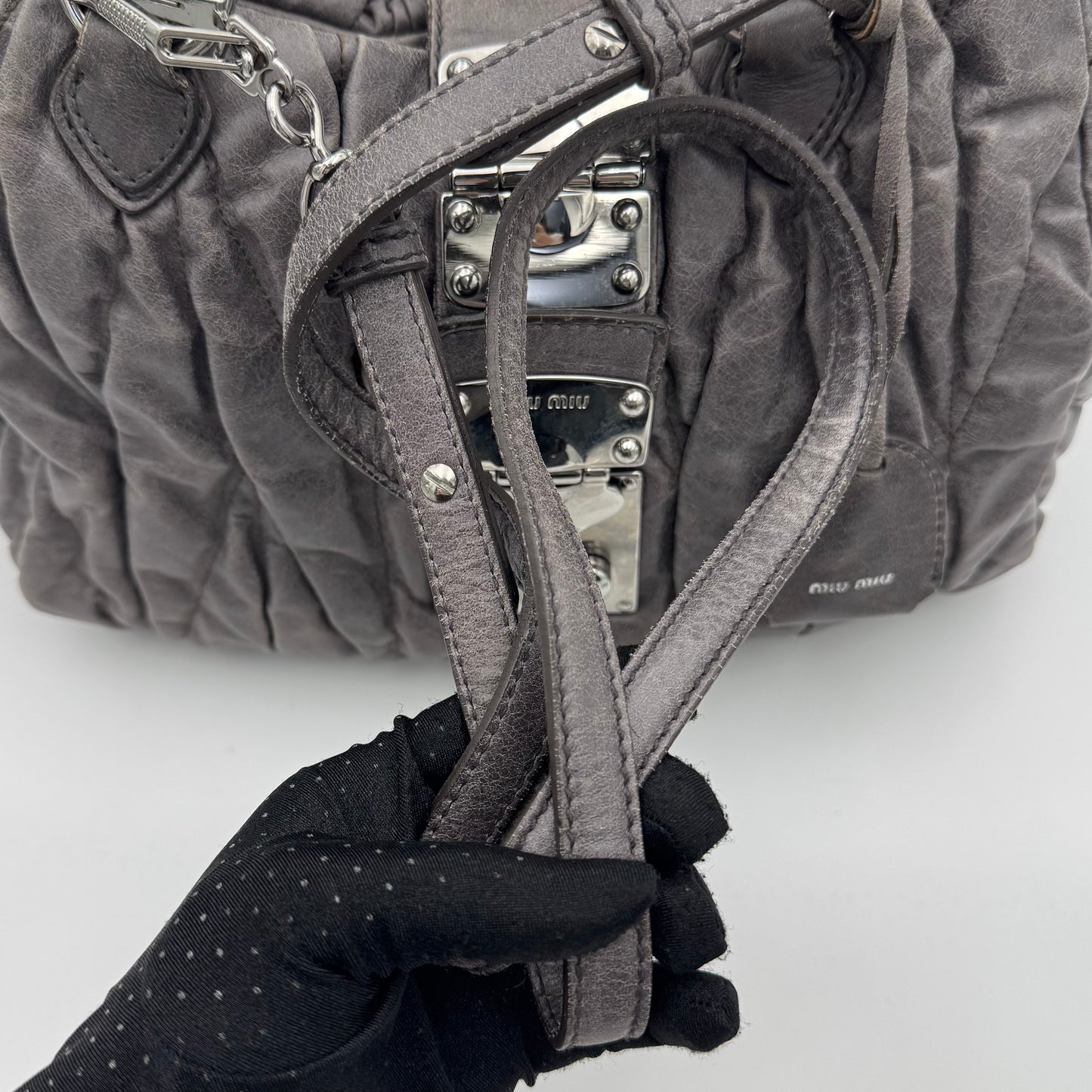 Miu Miu Gray Matelasse Leather Braided Handle Handbag