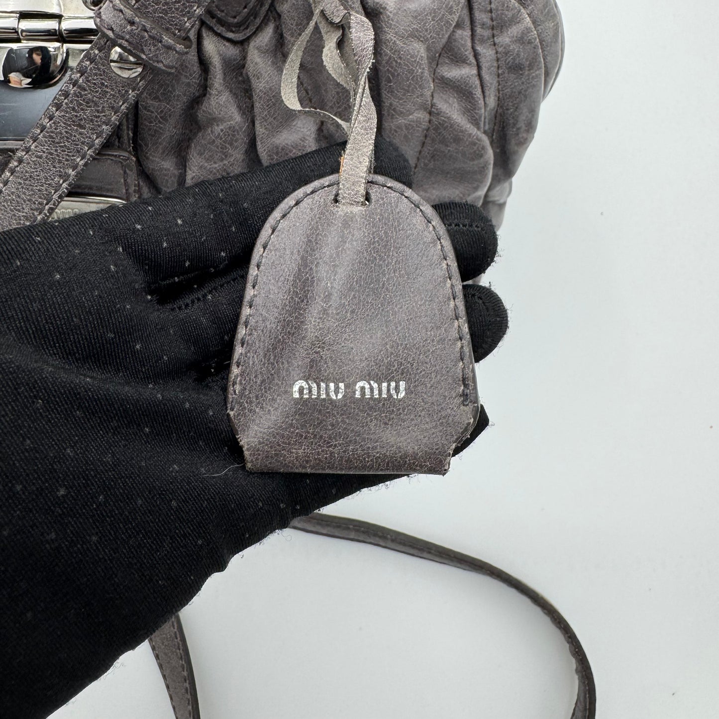 Miu Miu Gray Matelasse Leather Braided Handle Handbag