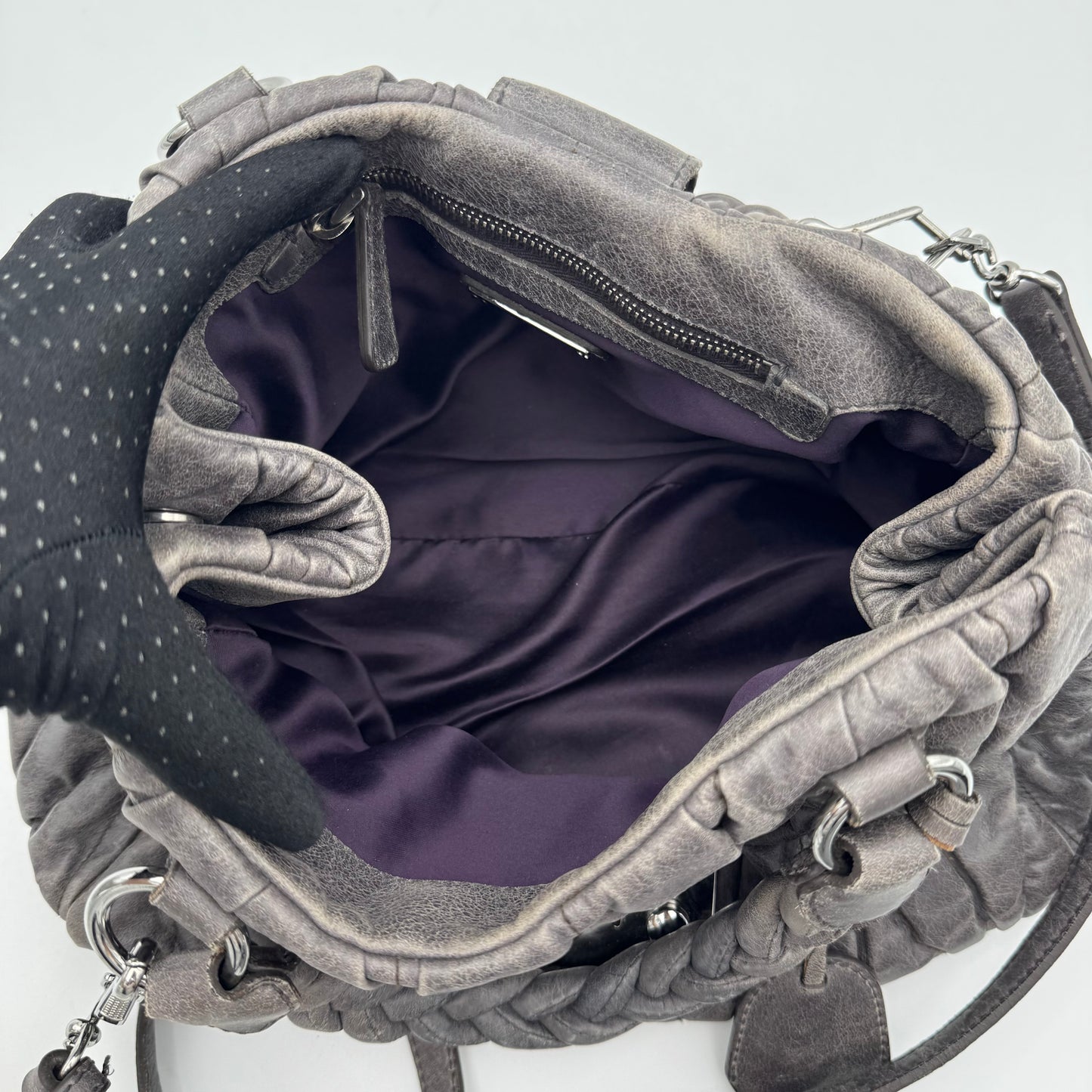 Miu Miu Gray Matelasse Leather Braided Handle Handbag