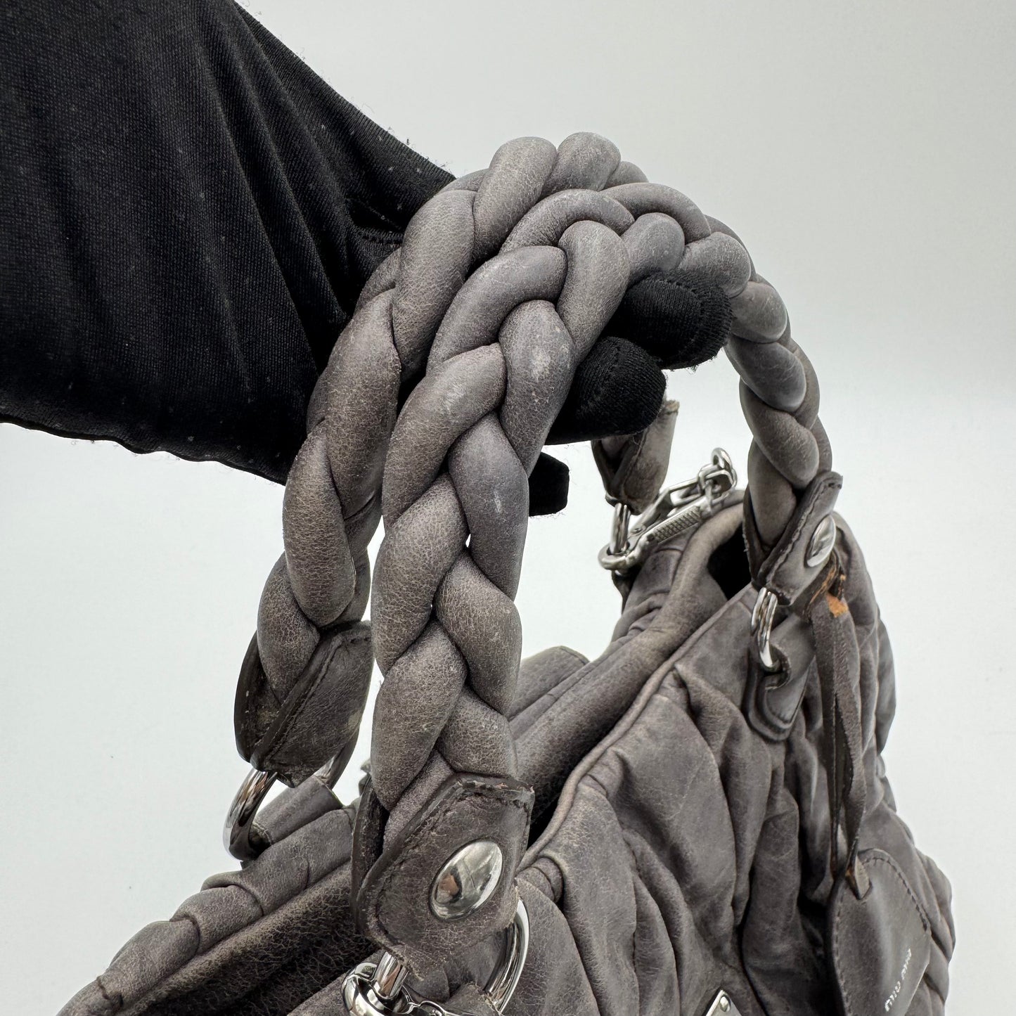 Miu Miu Gray Matelasse Leather Braided Handle Handbag