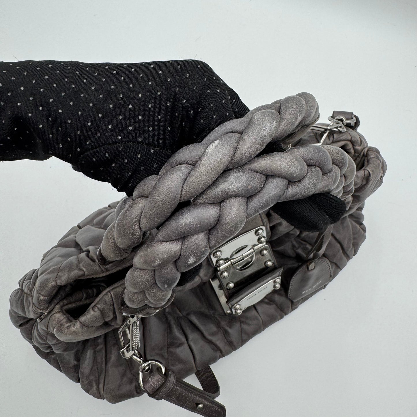 Miu Miu Gray Matelasse Leather Braided Handle Handbag
