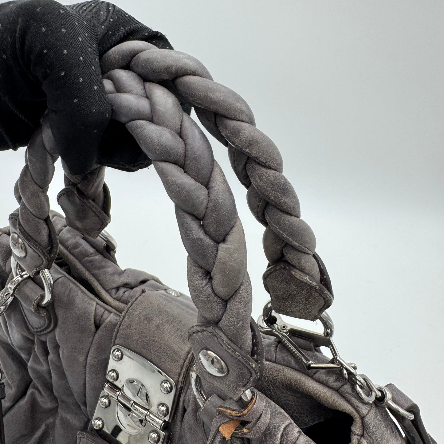 Miu Miu Gray Matelasse Leather Braided Handle Handbag