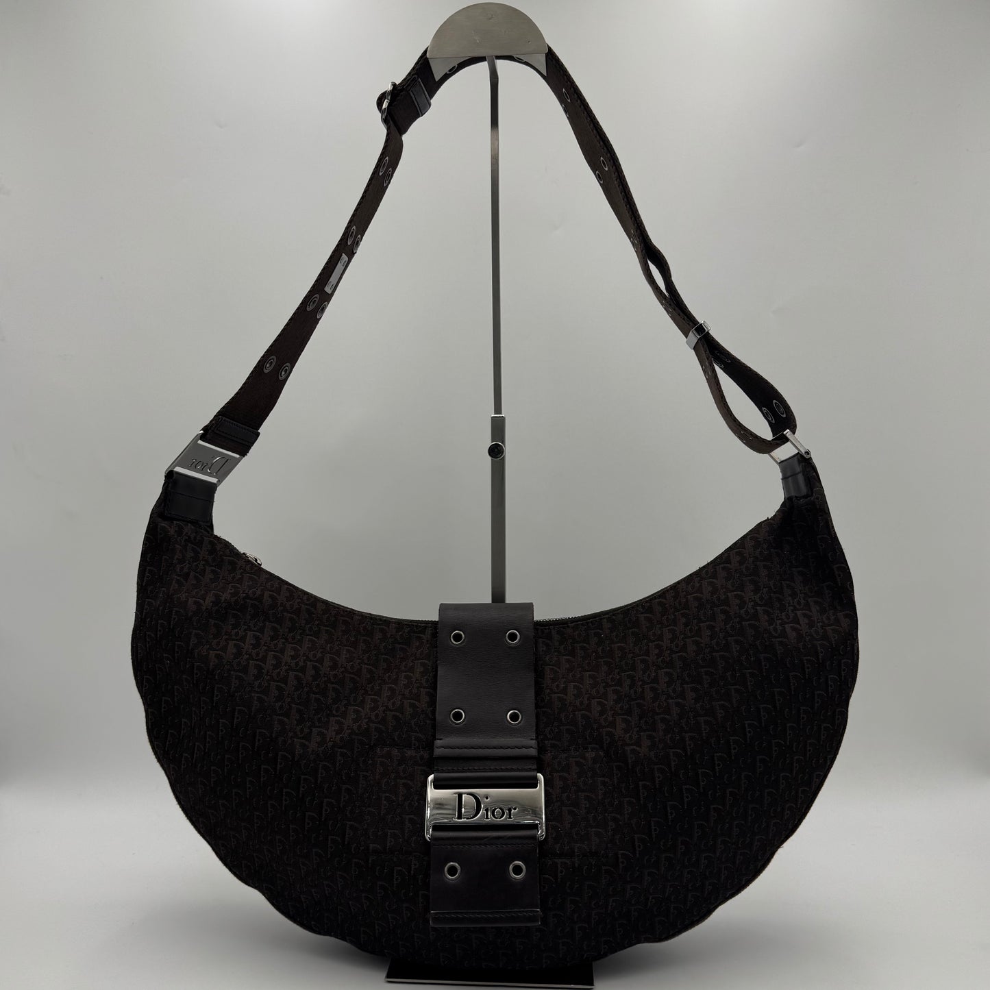 Christian Dior Dark Brown Trotter Canvas Street Chic Large Half Moon Bag