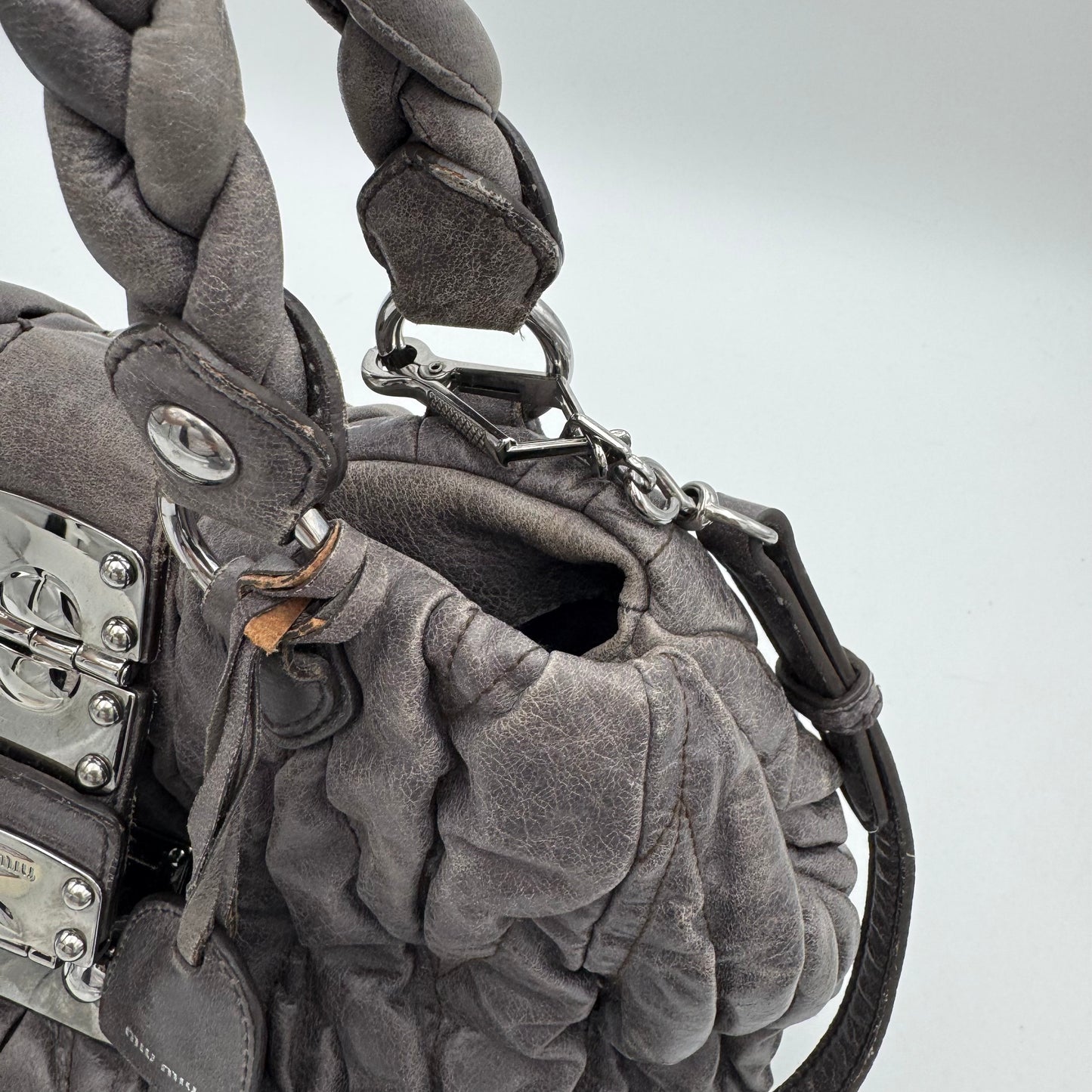 Miu Miu Gray Matelasse Leather Braided Handle Handbag