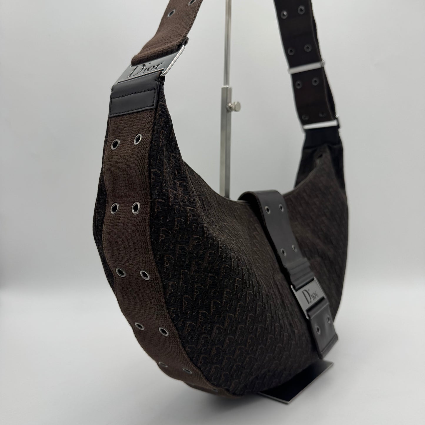 Christian Dior Dark Brown Trotter Canvas Street Chic Large Half Moon Bag