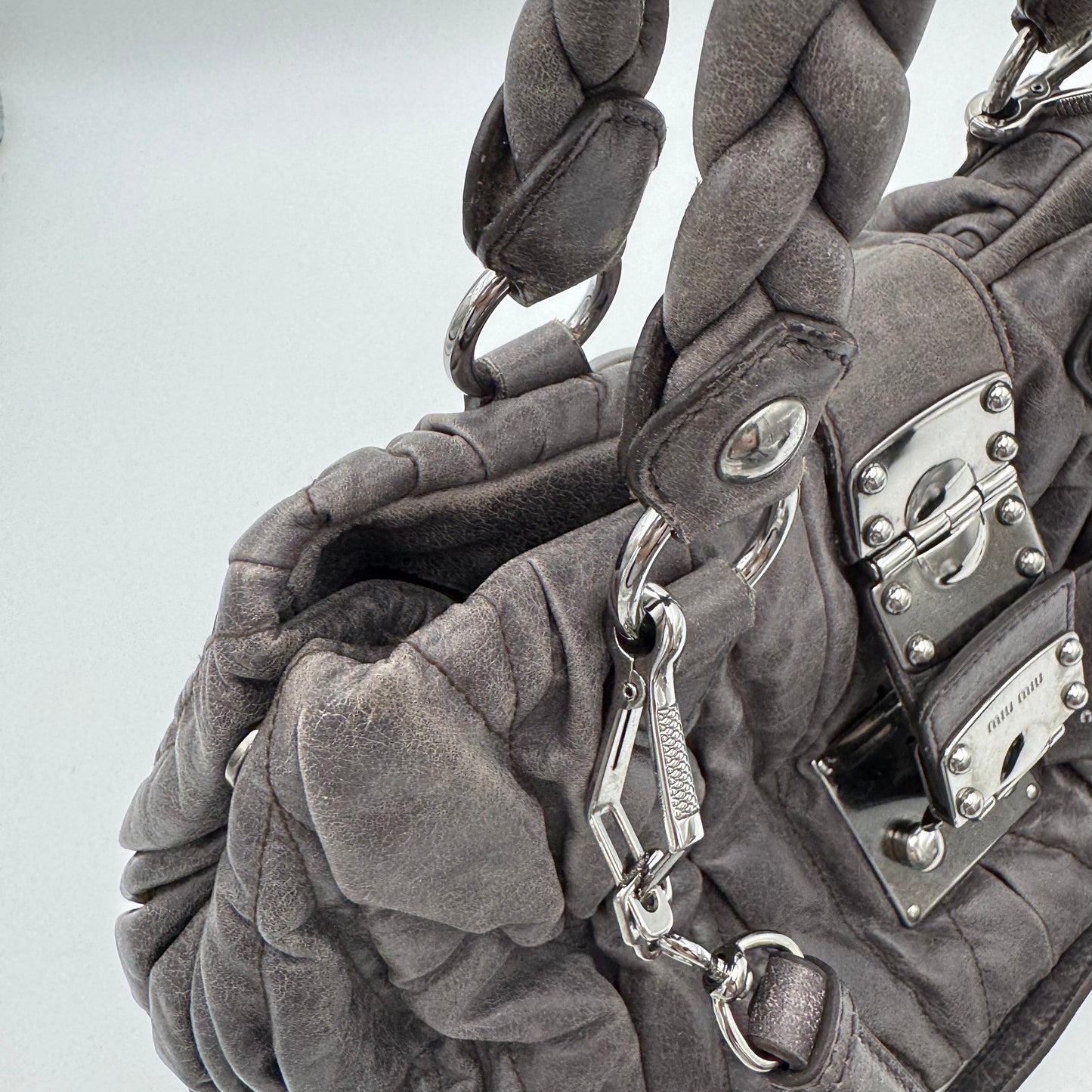 Miu Miu Gray Matelasse Leather Braided Handle Handbag
