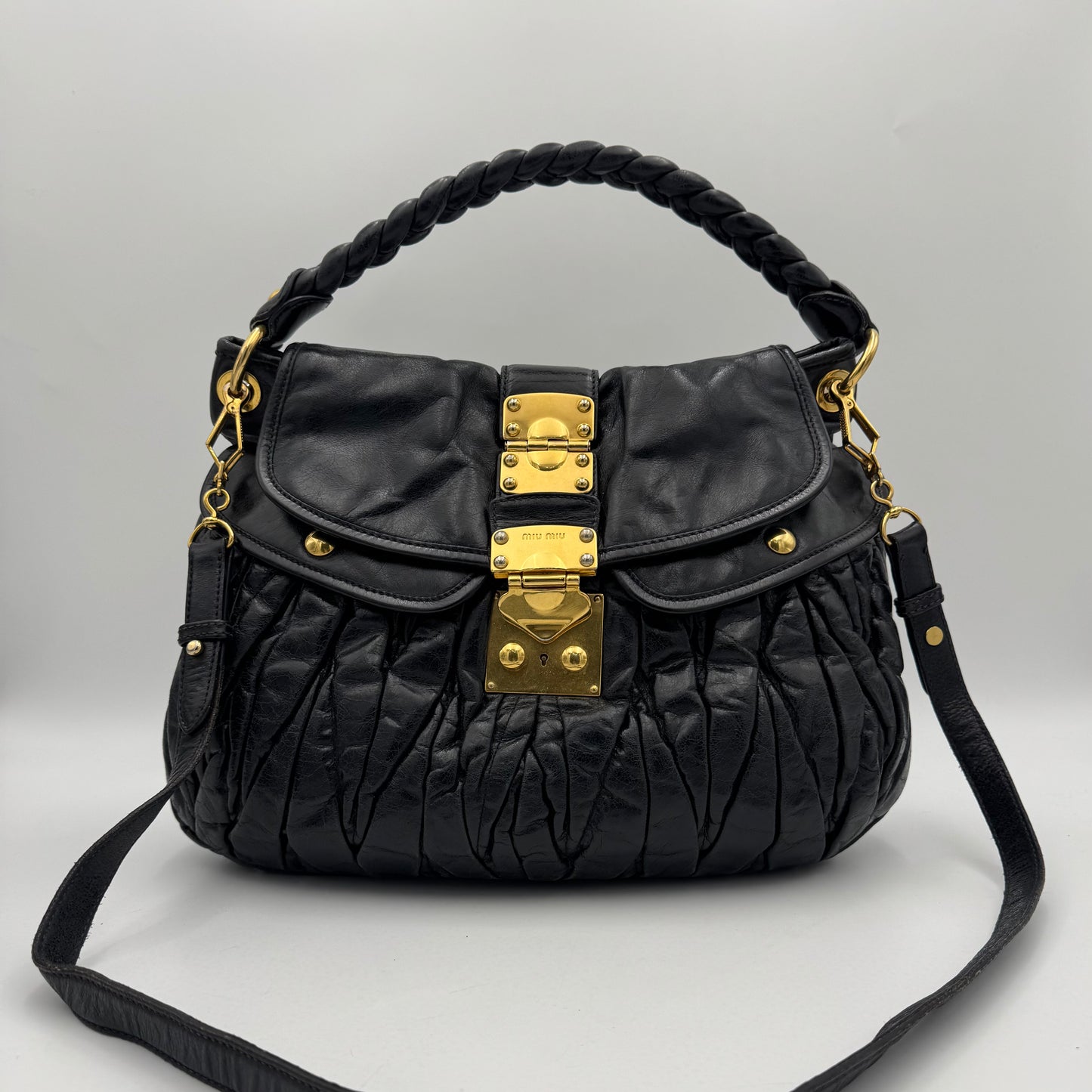 Miu Miu Black Matelasse Leather Braided Handle Large Coffer Handbag GHW