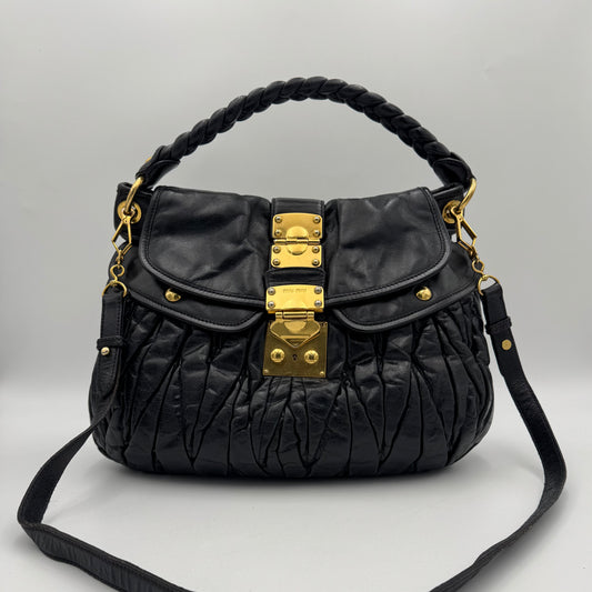 Miu Miu Black Matelasse Leather Braided Handle Large Coffer Handbag GHW