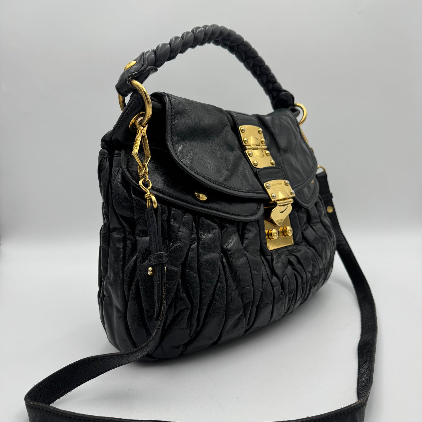 Miu Miu Black Matelasse Leather Braided Handle Large Coffer Handbag GHW