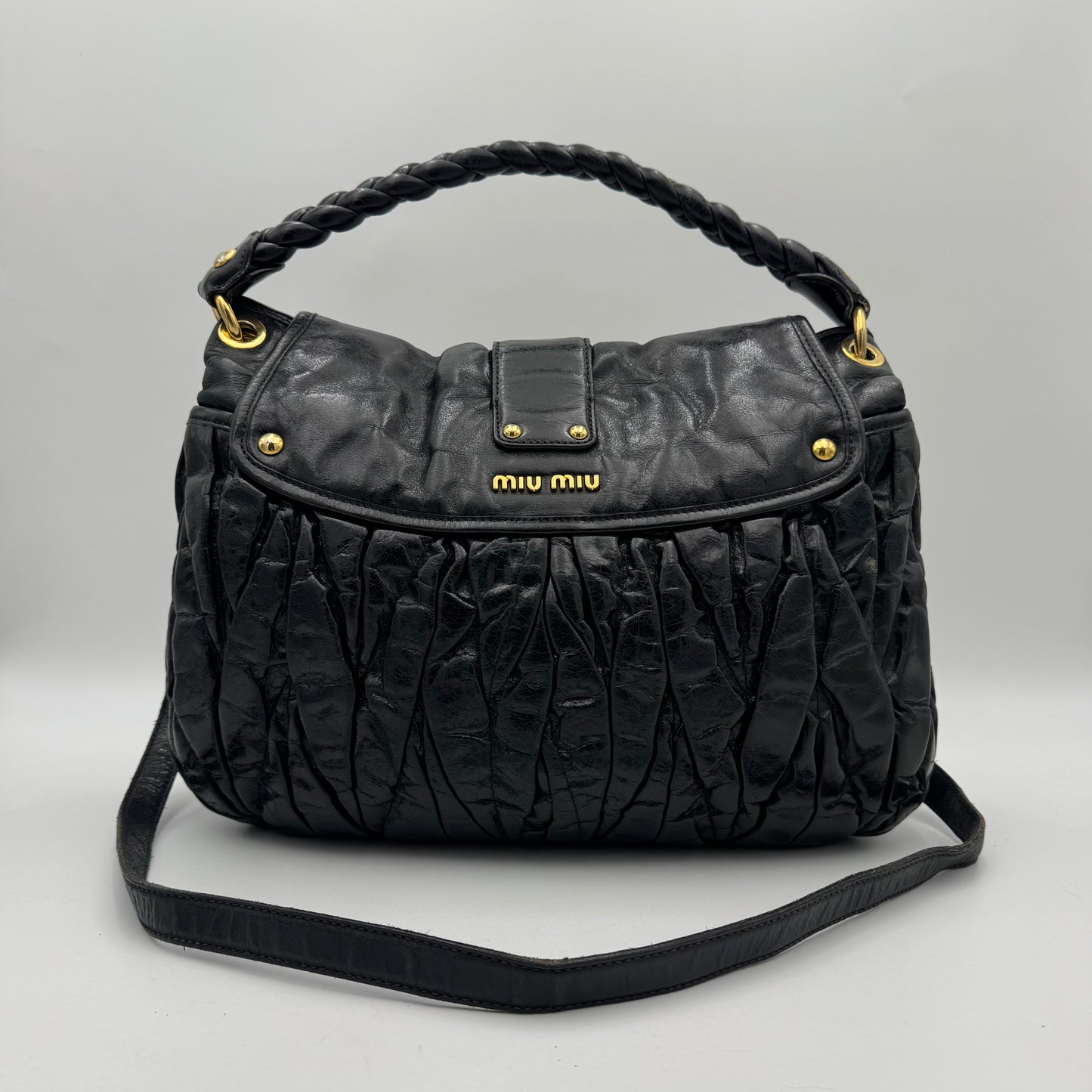 Miu Miu Black Matelasse Leather Braided Handle Large Coffer Handbag GHW