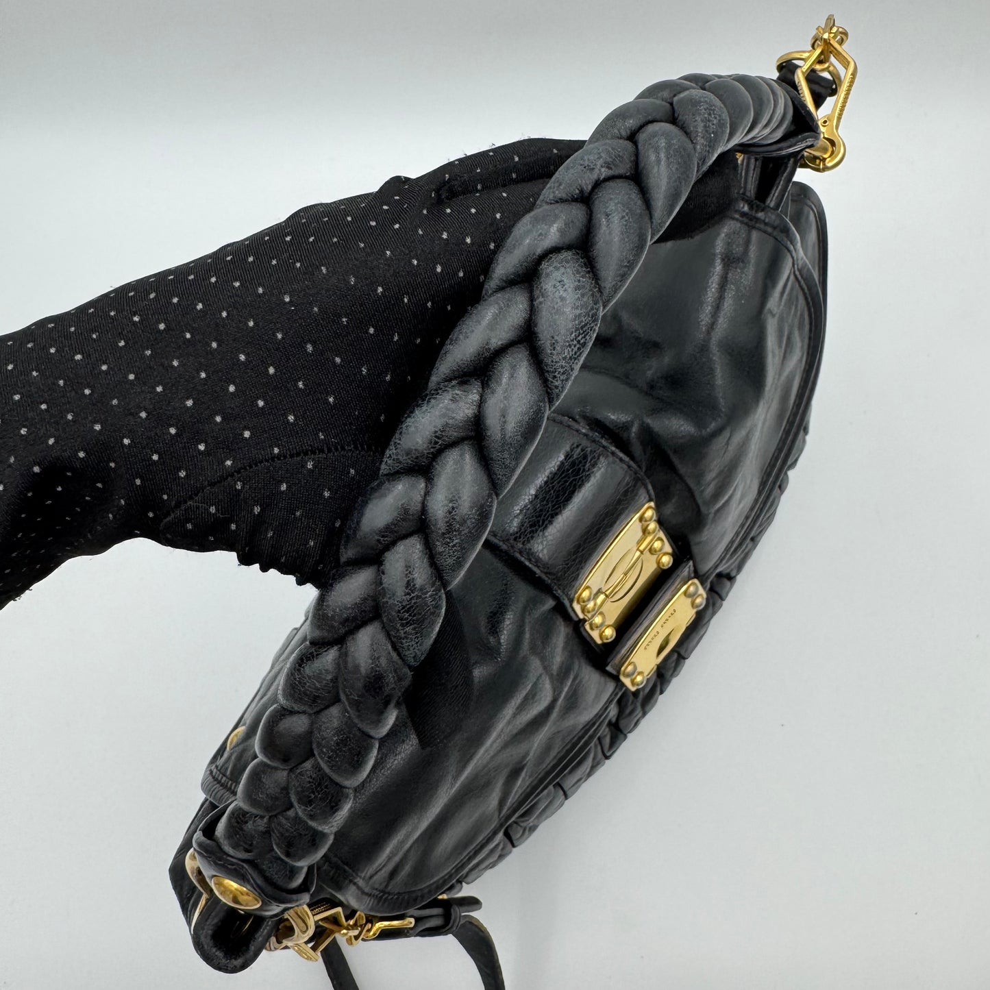 Miu Miu Black Matelasse Leather Braided Handle Large Coffer Handbag GHW