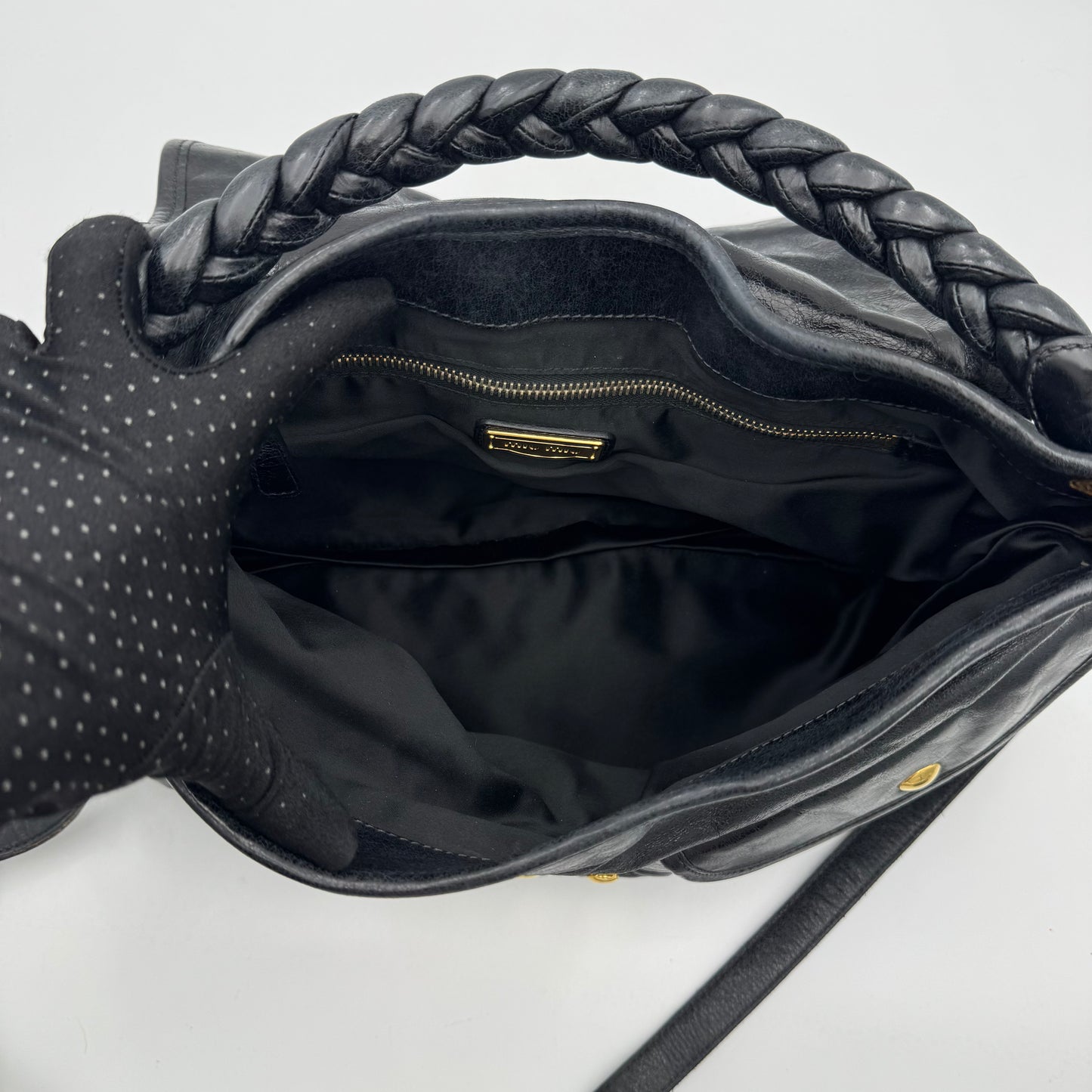 Miu Miu Black Matelasse Leather Braided Handle Large Coffer Handbag GHW