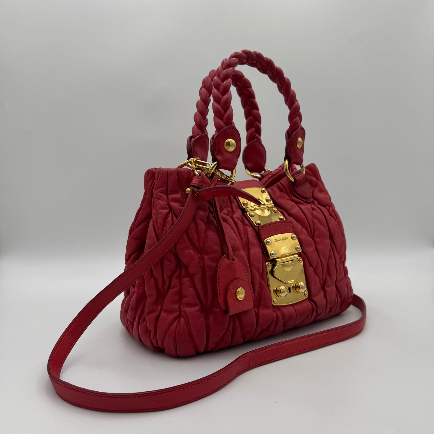 Miu Miu Red Matelasse Leather Braided Handle Handbag GHW