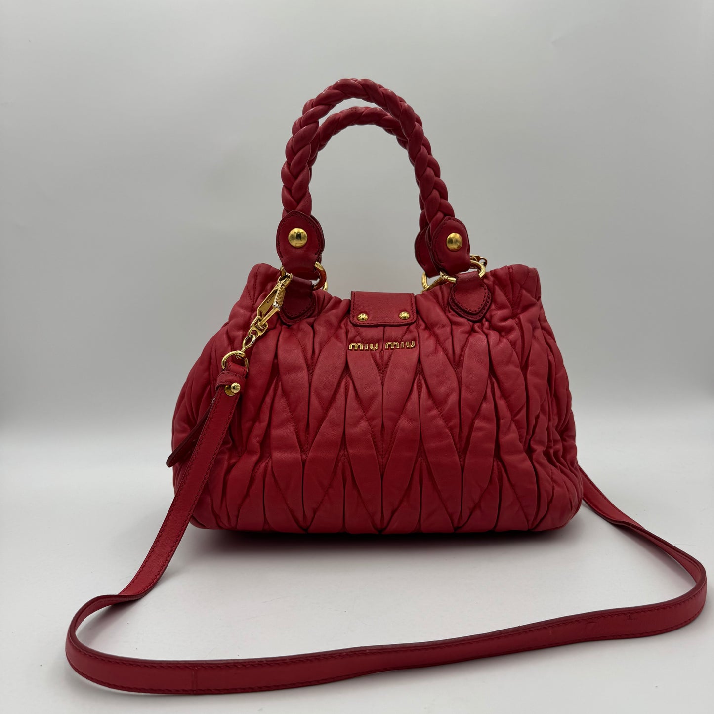 Miu Miu Red Matelasse Leather Braided Handle Handbag GHW