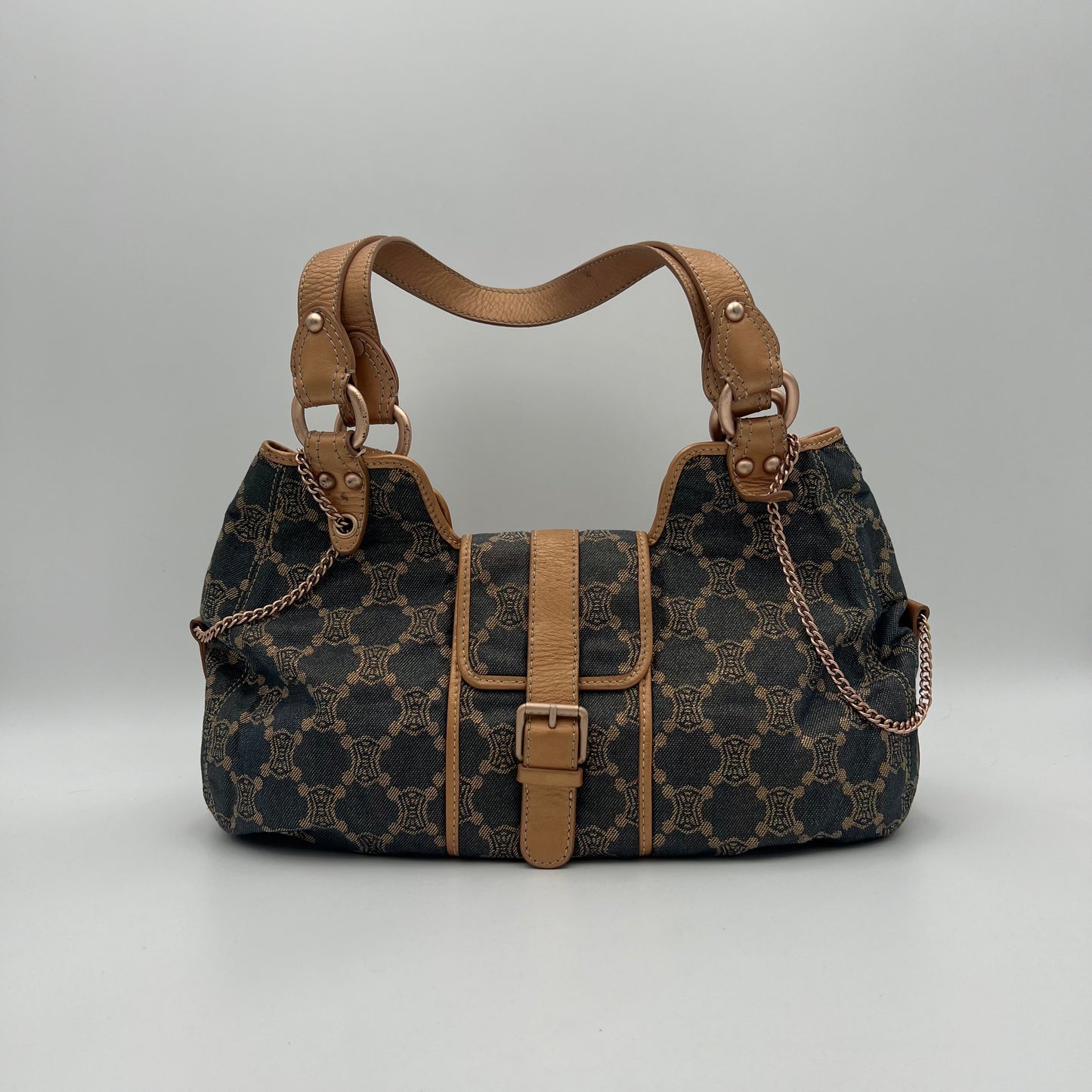Celine Paris Macadam Denim Buckle Flap Large Hobo Shoulder Bag