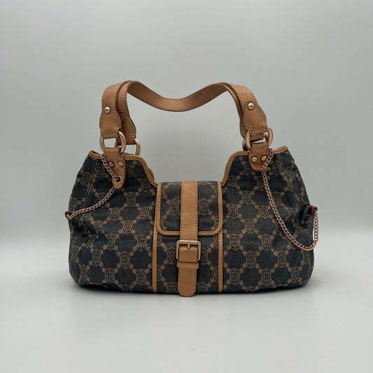 Celine Paris Macadam Denim Buckle Flap Large Hobo Shoulder Bag