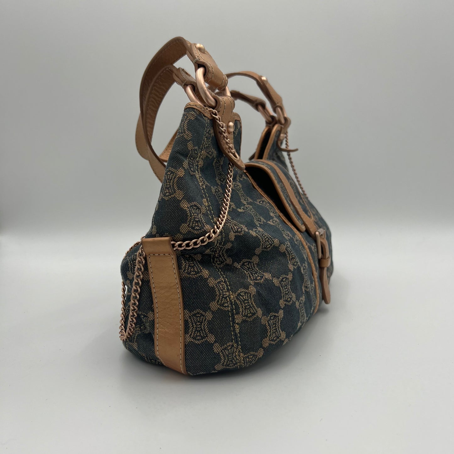 Celine Paris Macadam Denim Buckle Flap Large Hobo Shoulder Bag