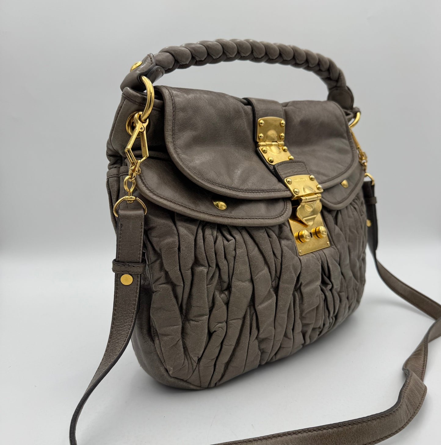 Miu Miu Gray Matelasse Leather Large Coffer Handbag
