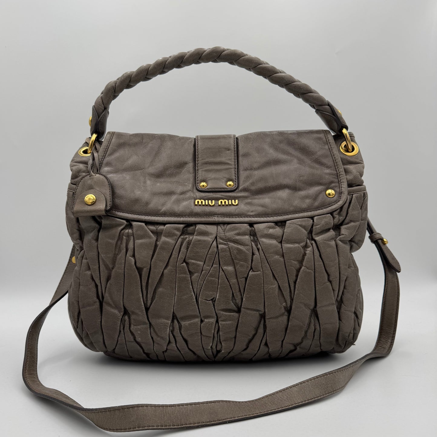 Miu Miu Gray Matelasse Leather Large Coffer Handbag