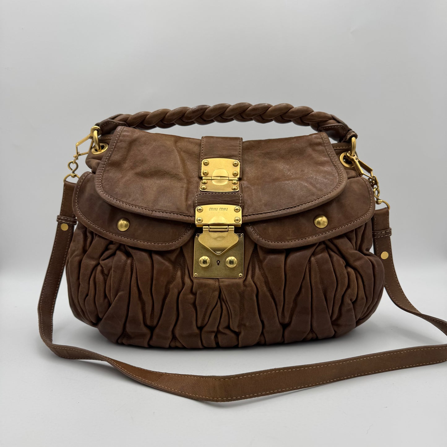 Miu Miu Brown Leather Matelasse Coffer Handbag