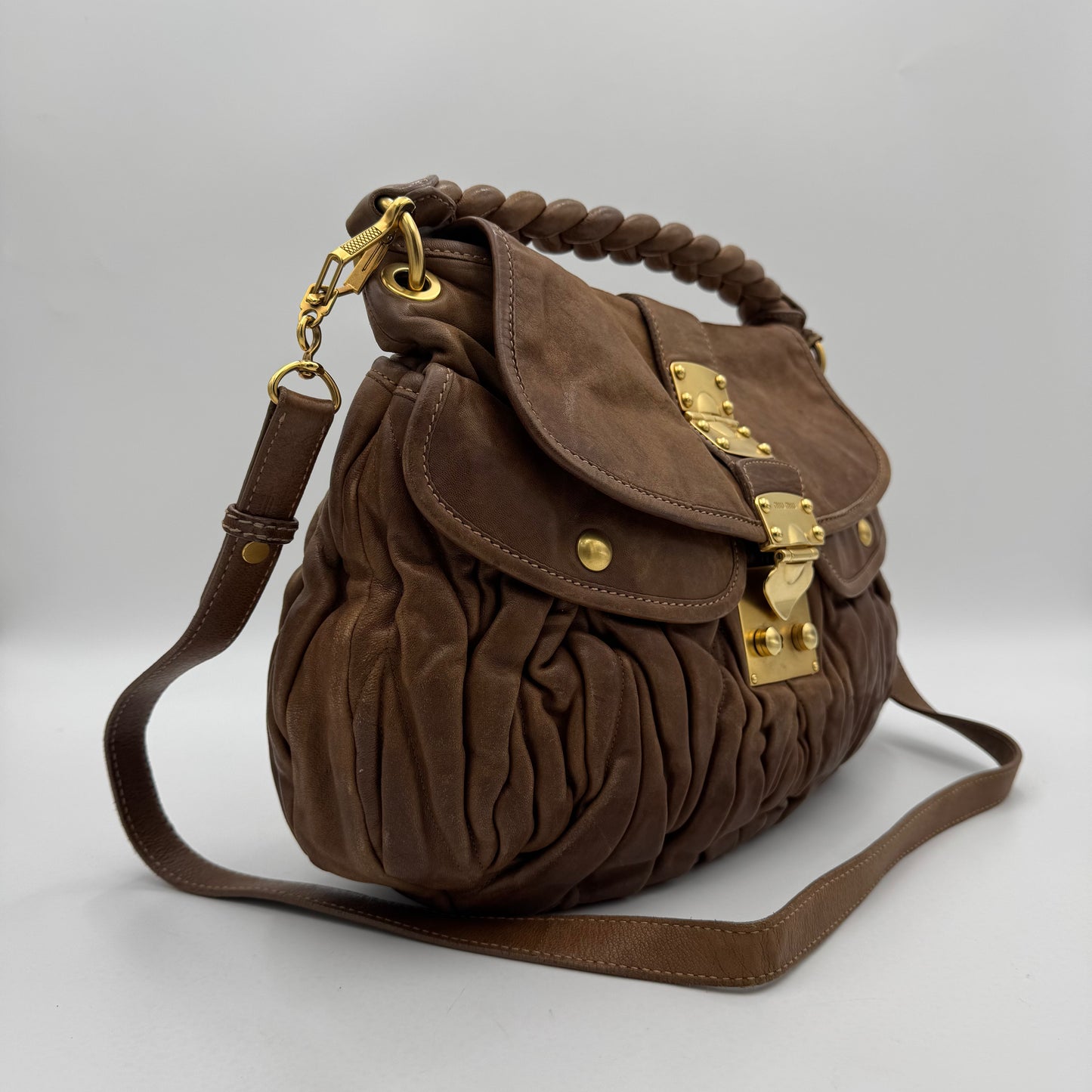Miu Miu Brown Leather Matelasse Coffer Handbag