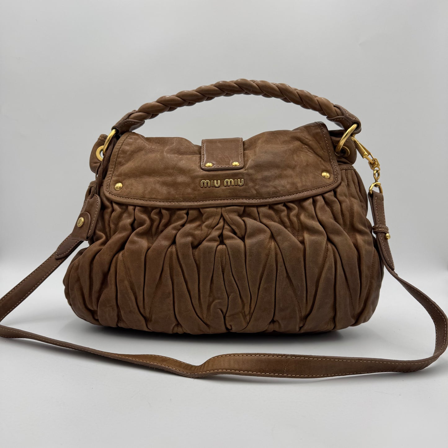 Miu Miu Brown Leather Matelasse Coffer Handbag
