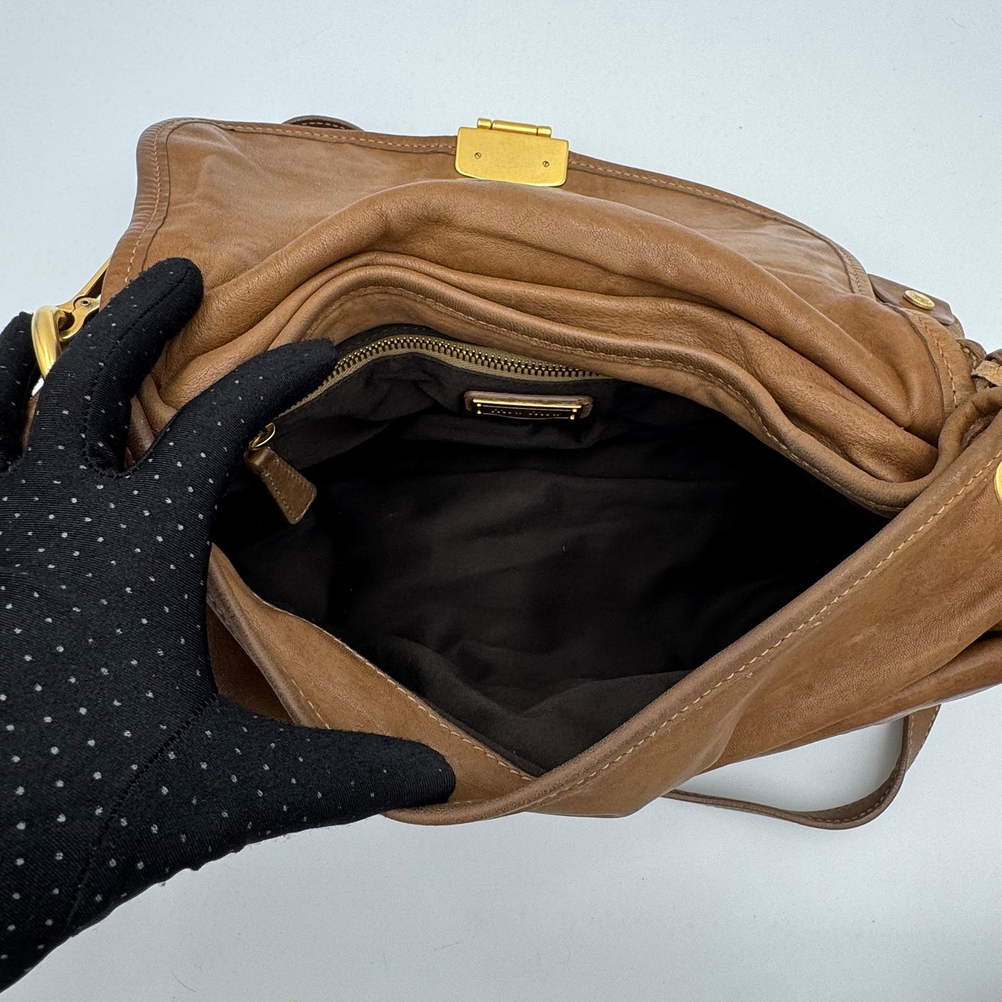 Miu Miu Brown Leather Matelasse Coffer Handbag