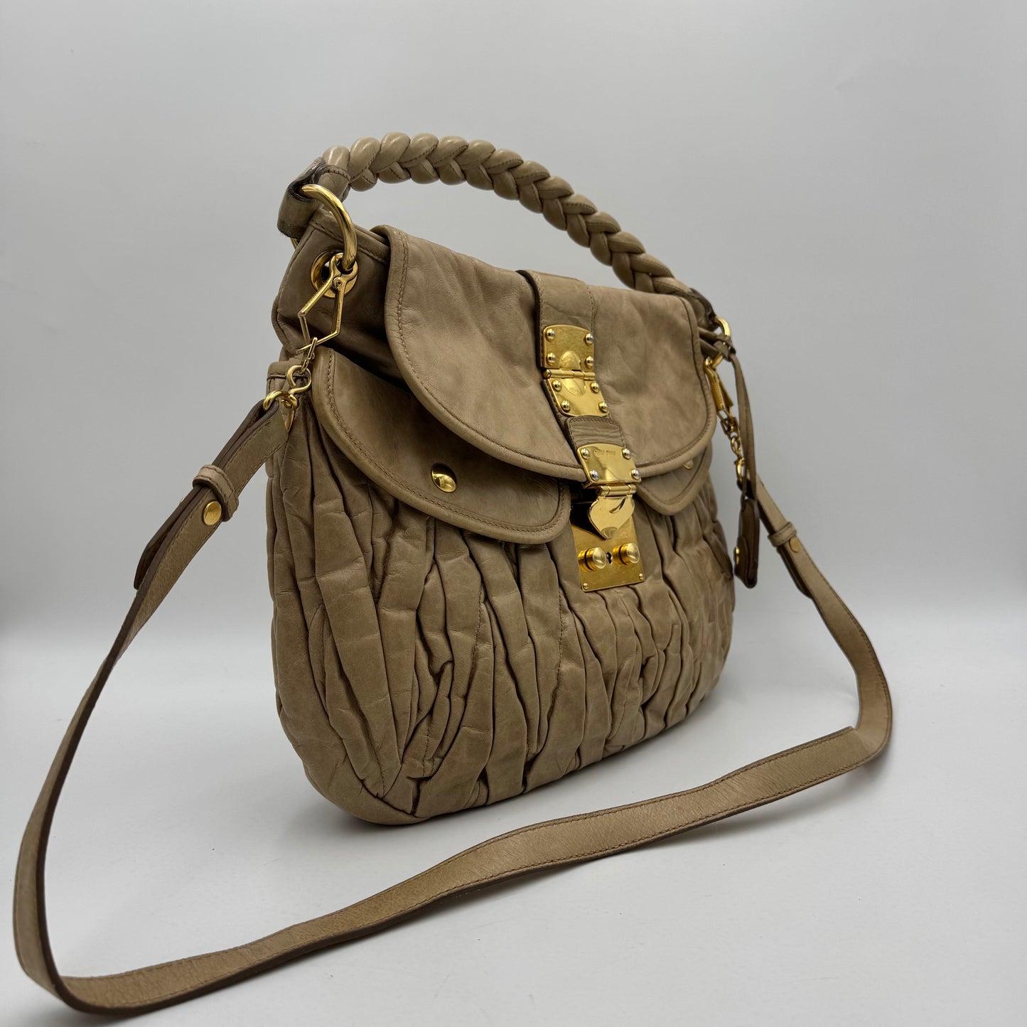 Miu Miu Beige Matelasse Leather Large Coffer Satchel