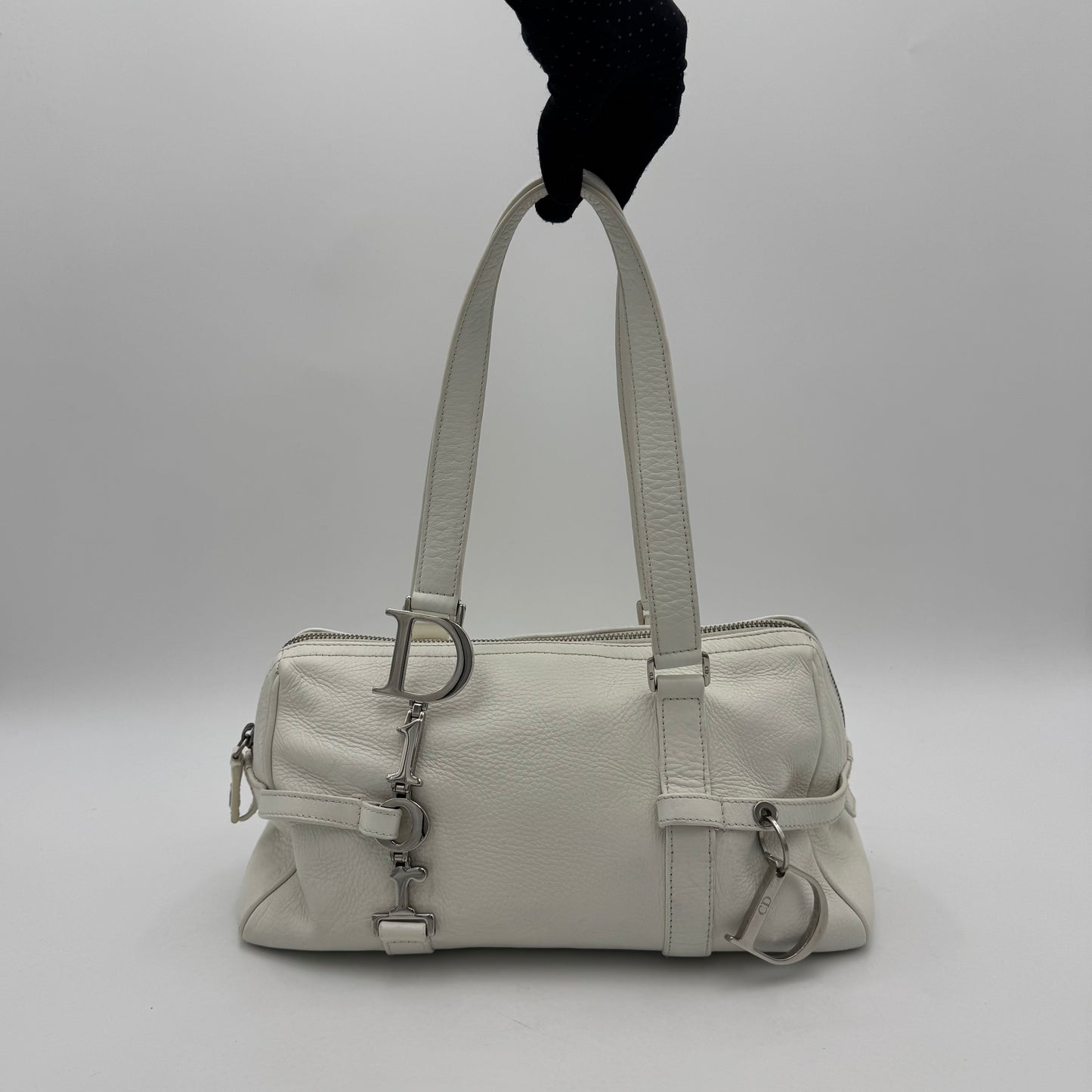 Christian Dior White Leather Spellout D Charm Small Boston Shoulder Bag