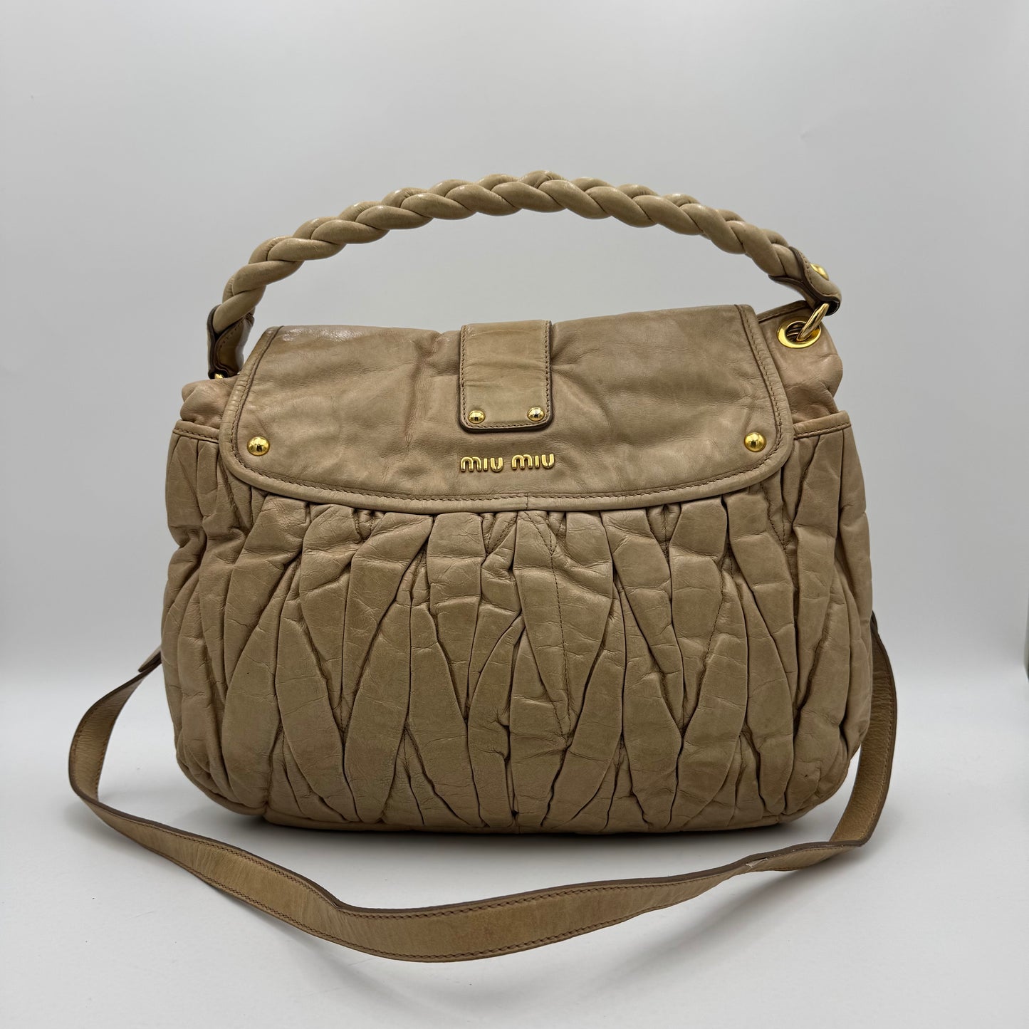 Miu Miu Beige Matelasse Leather Large Coffer Satchel