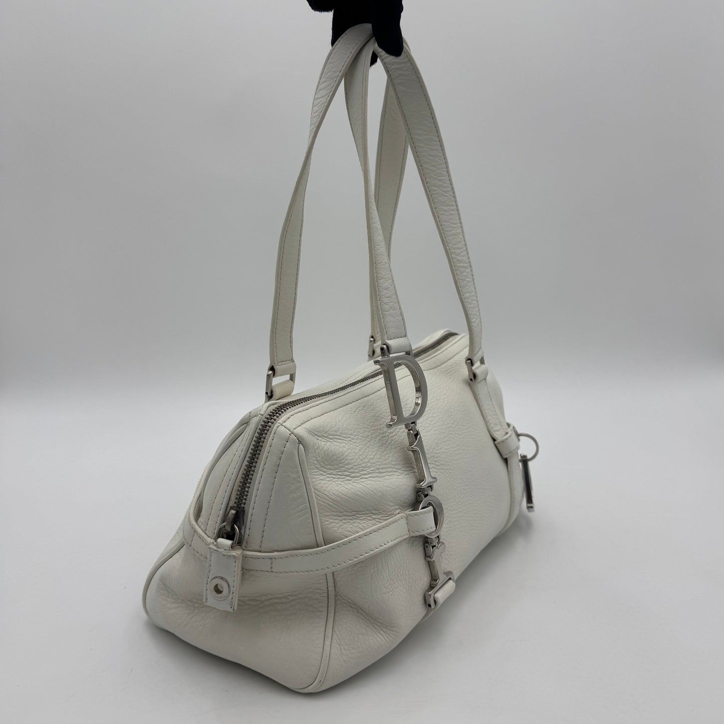 Christian Dior White Leather Spellout D Charm Small Boston Shoulder Bag