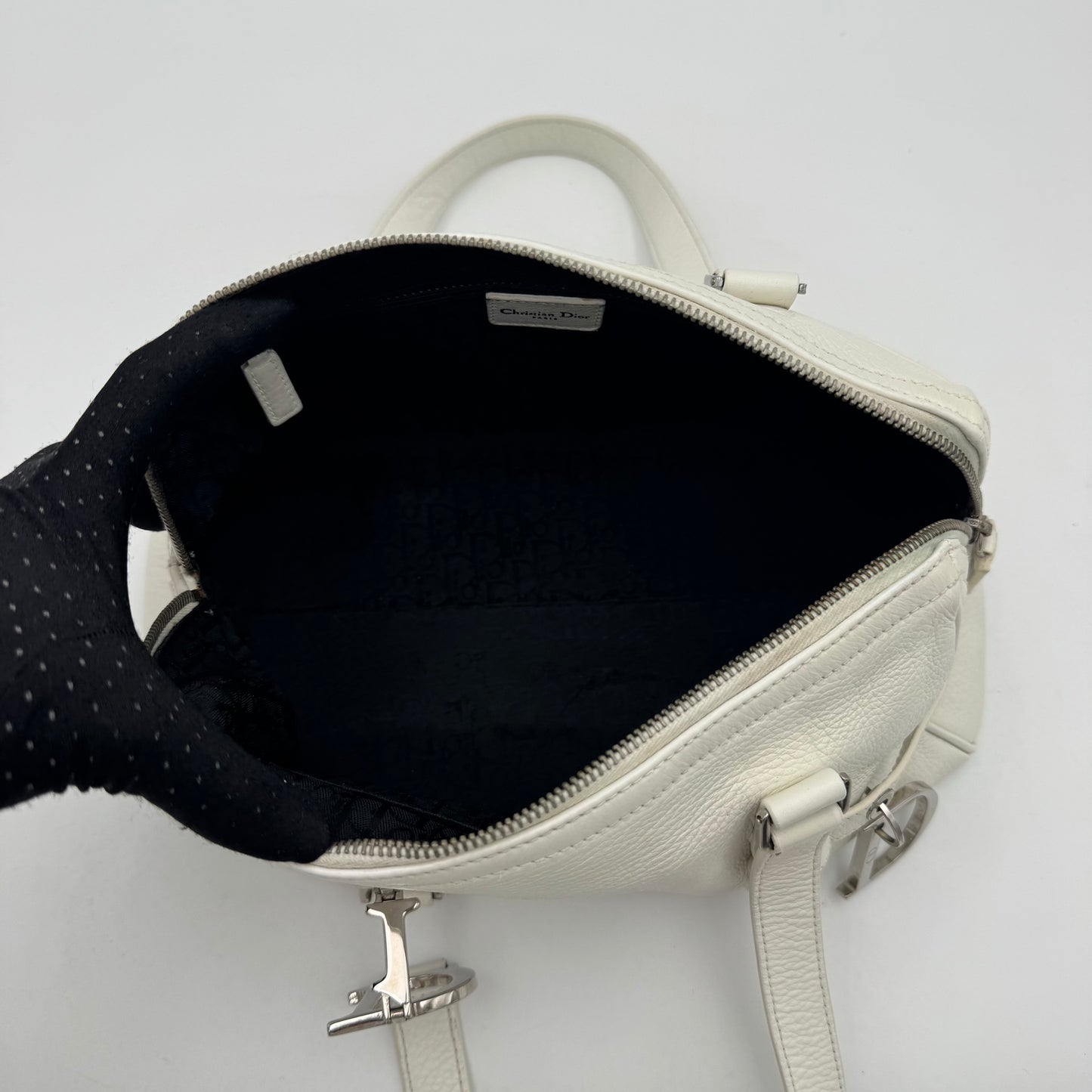 Christian Dior White Leather Spellout D Charm Small Boston Shoulder Bag