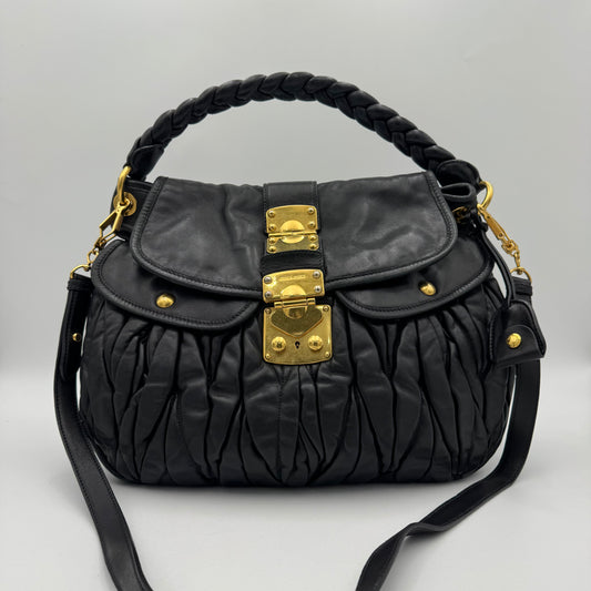 Miu Miu Black Matelasse Leather Braided Handle Large Coffer Handbag GHW