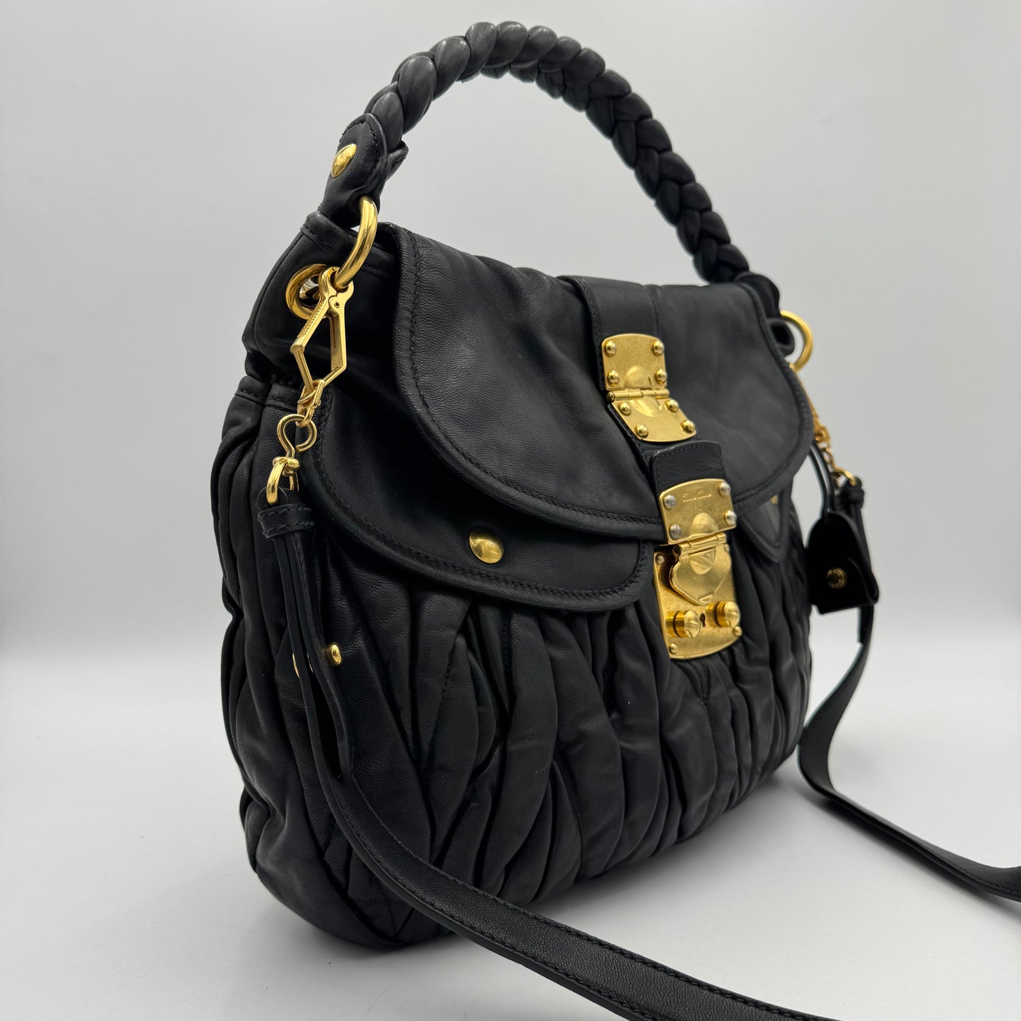 Miu Miu Black Matelasse Leather Braided Handle Large Coffer Handbag GHW