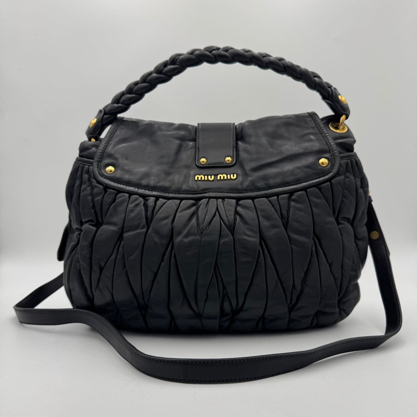 Miu Miu Black Matelasse Leather Braided Handle Large Coffer Handbag GHW