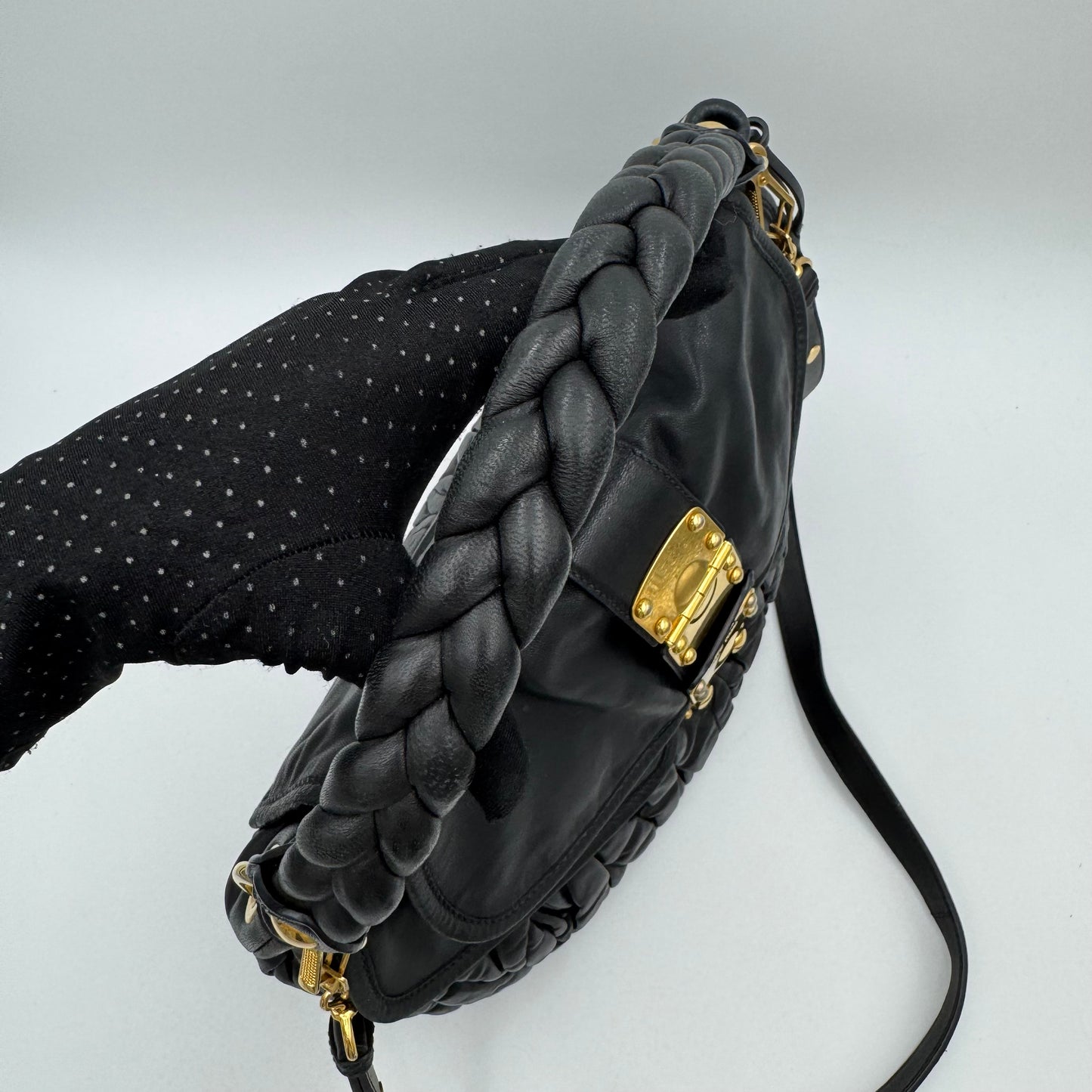 Miu Miu Black Matelasse Leather Braided Handle Large Coffer Handbag GHW